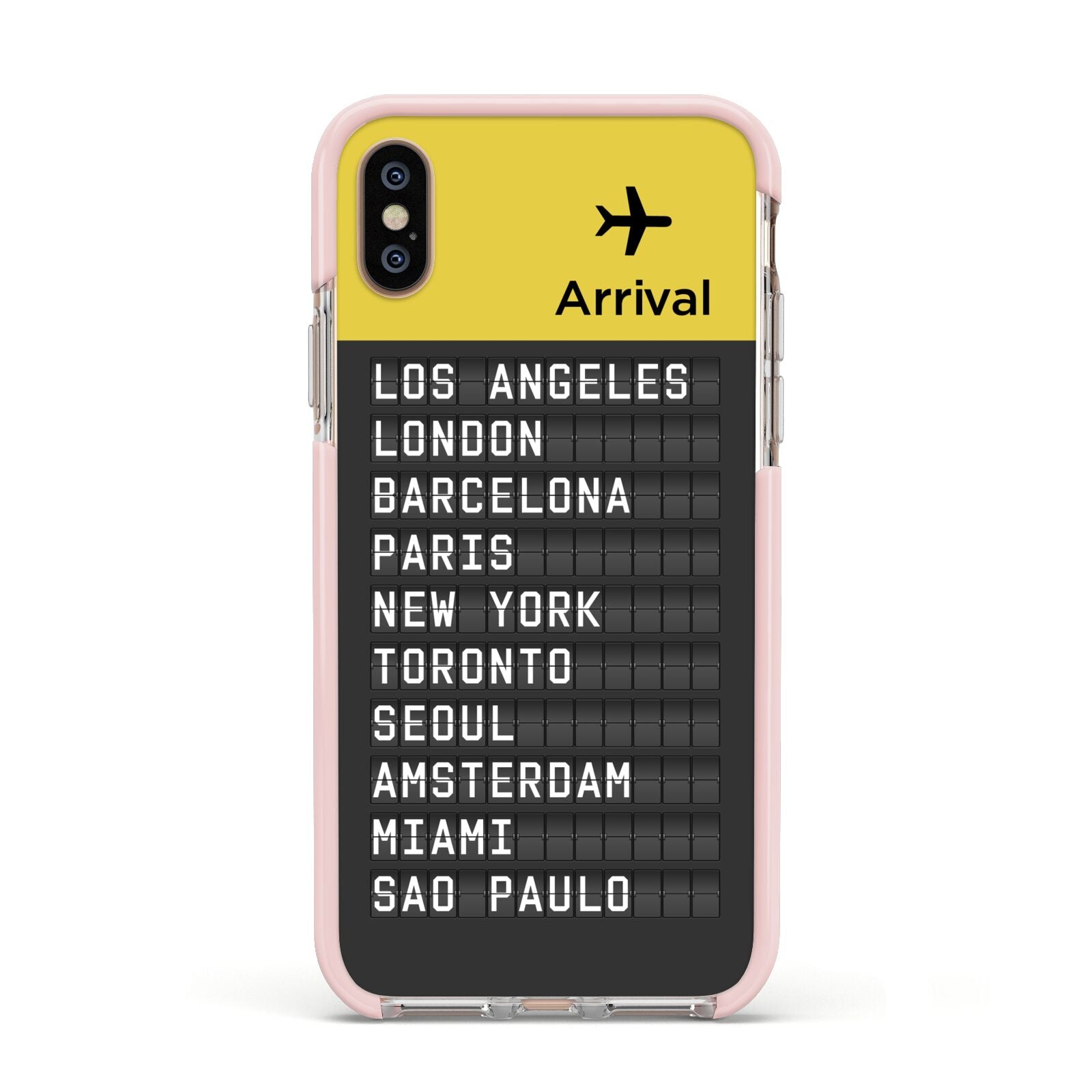 Airport Arrivals Board Apple iPhone Xs Impact Case Pink Edge on Gold Phone