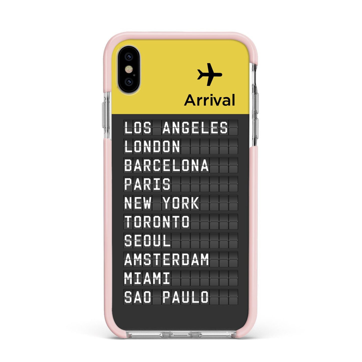 Airport Arrivals Board Apple iPhone Xs Max Impact Case Pink Edge on Silver Phone