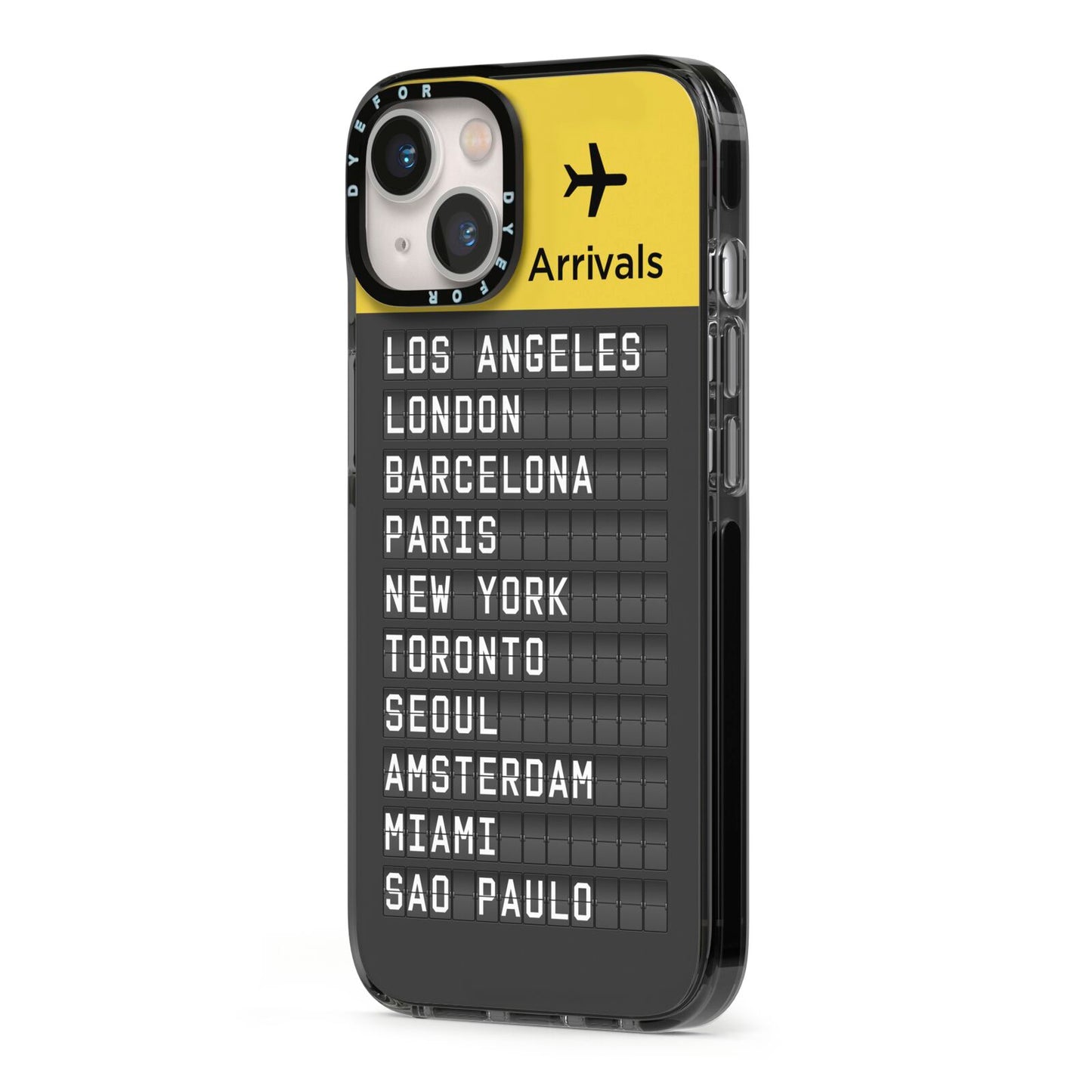 Airport Arrivals Board iPhone 13 Black Impact Case Side Angle on Silver phone