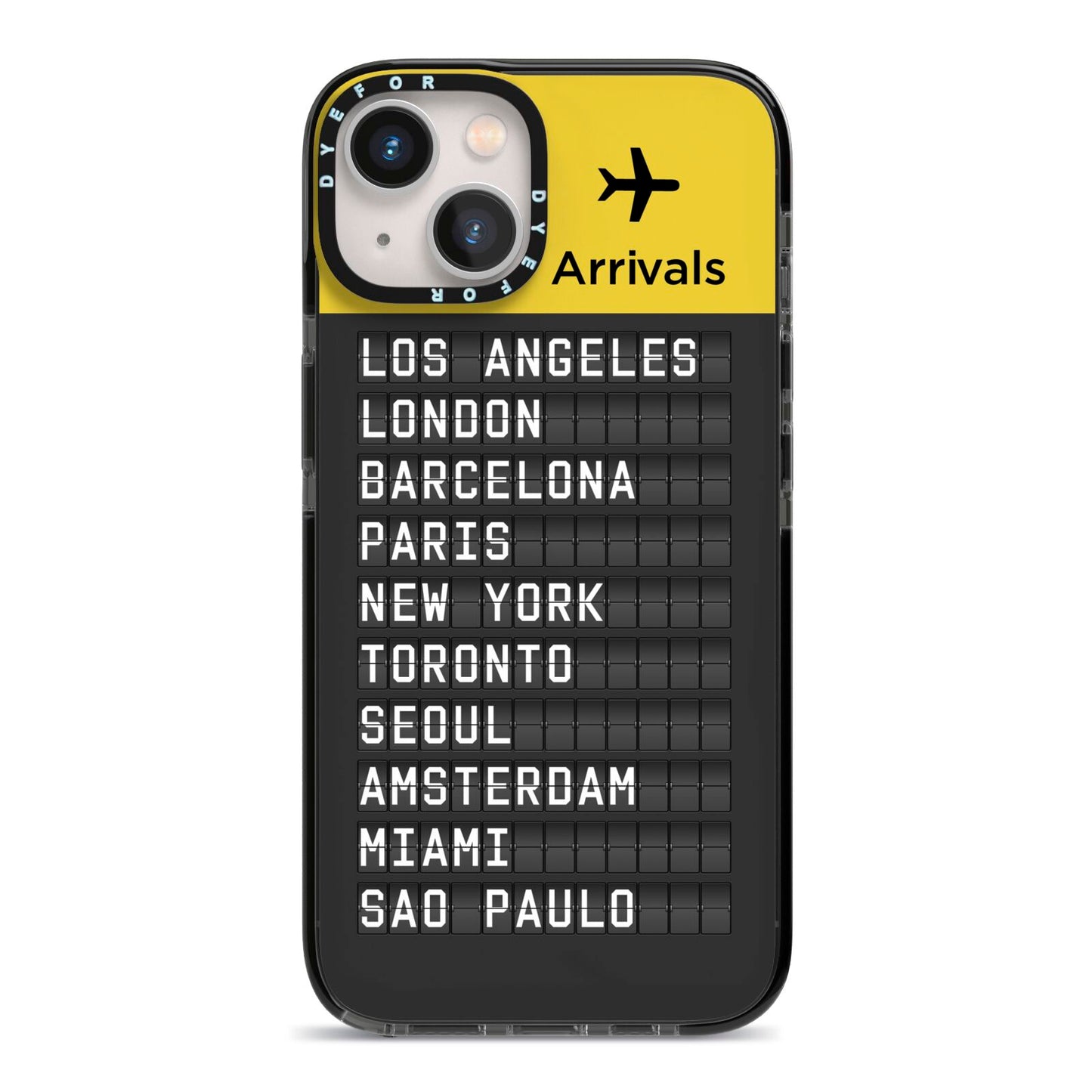 Airport Arrivals Board iPhone 13 Black Impact Case on Silver phone
