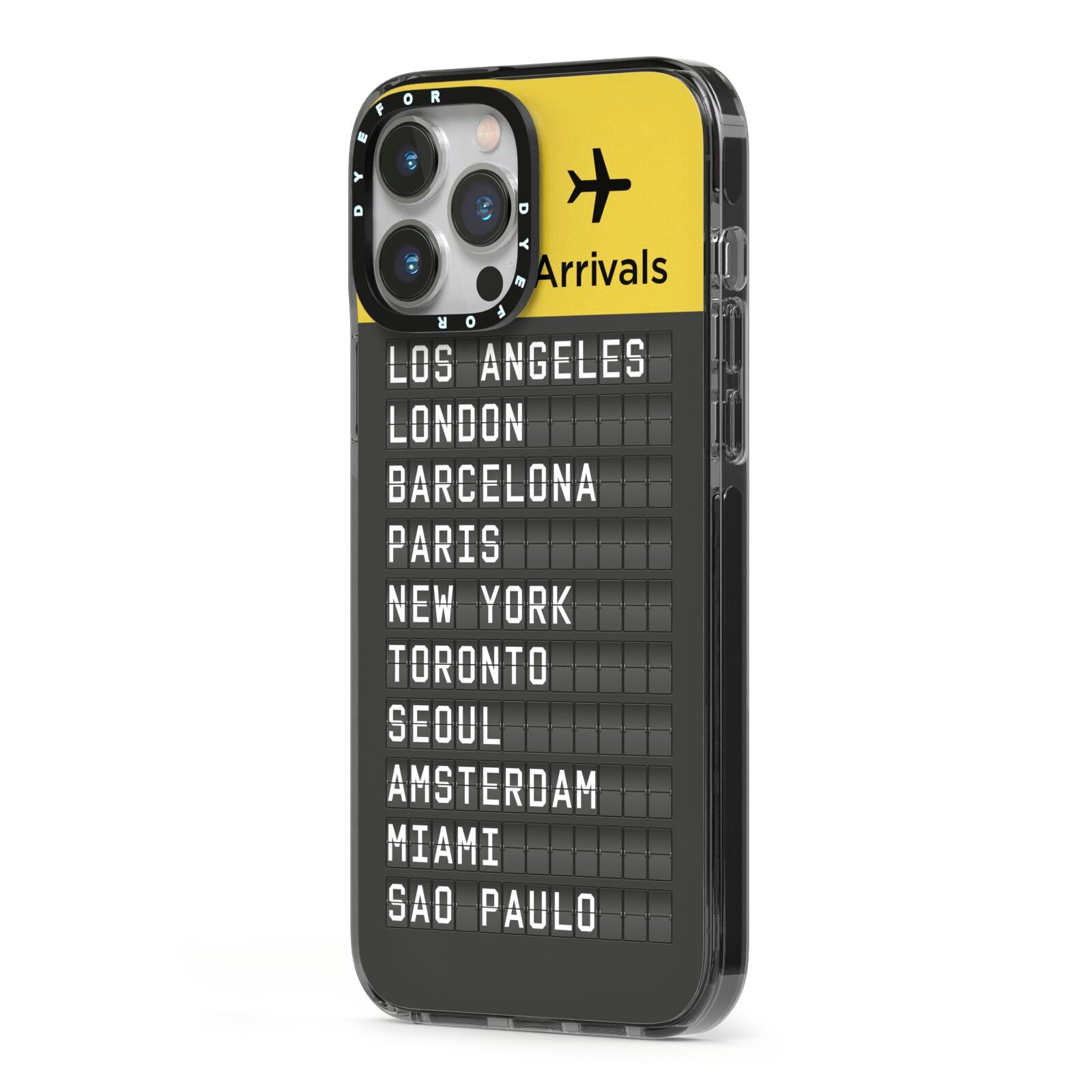 Airport Arrivals Board iPhone 13 Pro Max Black Impact Case Side Angle on Silver phone