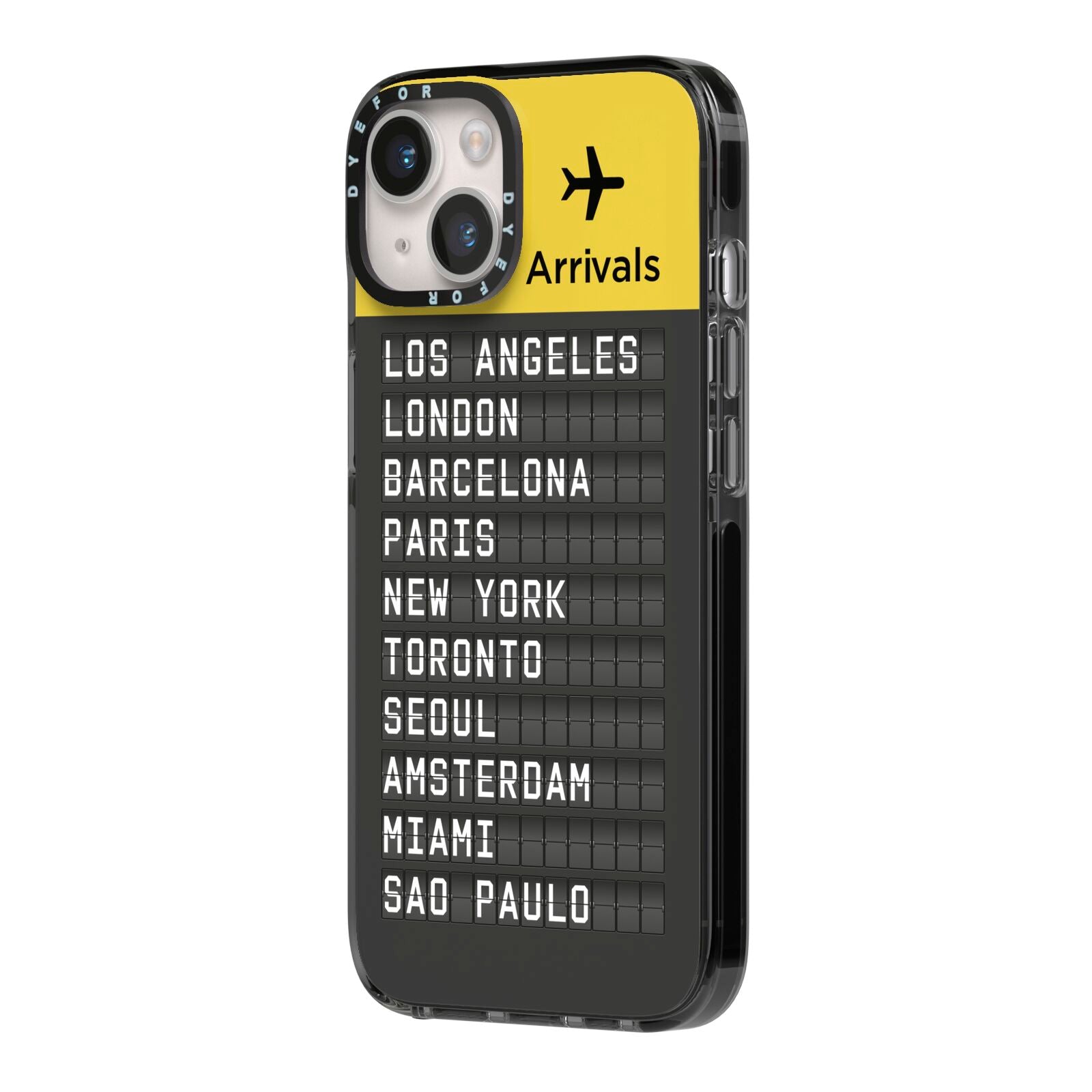 Airport Arrivals Board iPhone 14 Black Impact Case Side Angle on Silver phone
