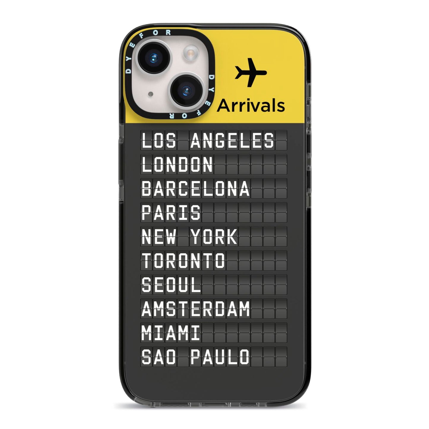 Airport Arrivals Board iPhone 14 Black Impact Case on Silver phone