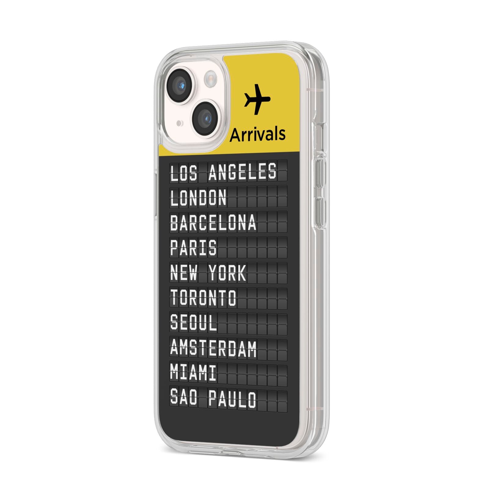 Airport Arrivals Board iPhone 14 Clear Tough Case Starlight Angled Image