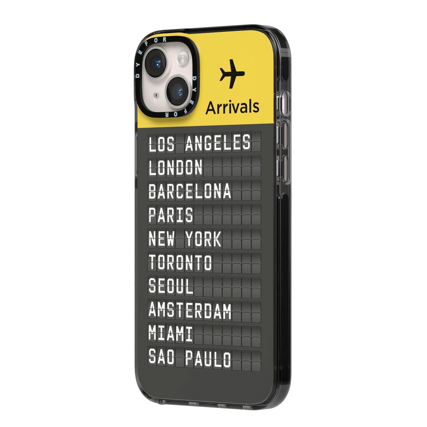 Airport Arrivals Board iPhone 14 Plus Black Impact Case Side Angle on Silver phone