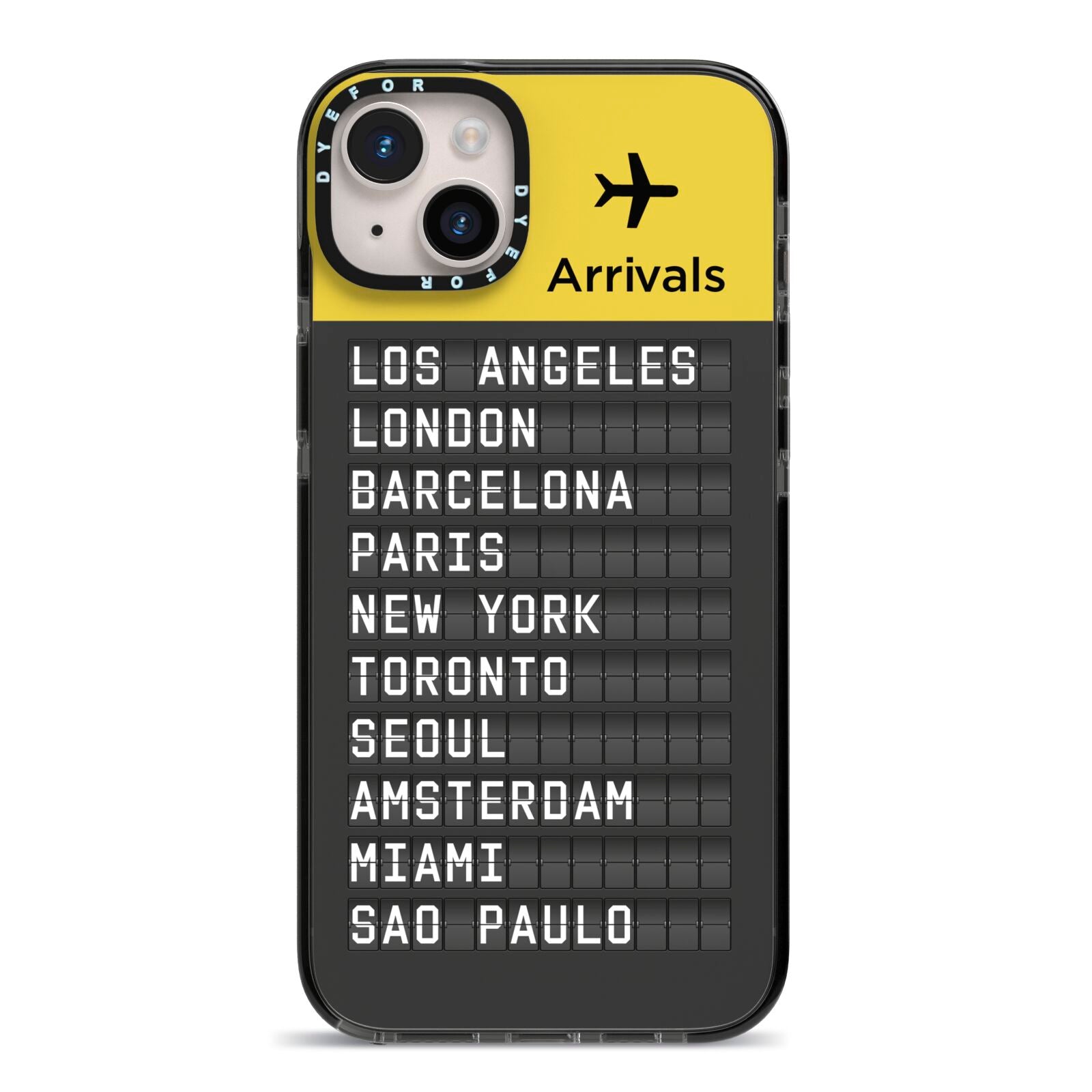 Airport Arrivals Board iPhone 14 Plus Black Impact Case on Silver phone