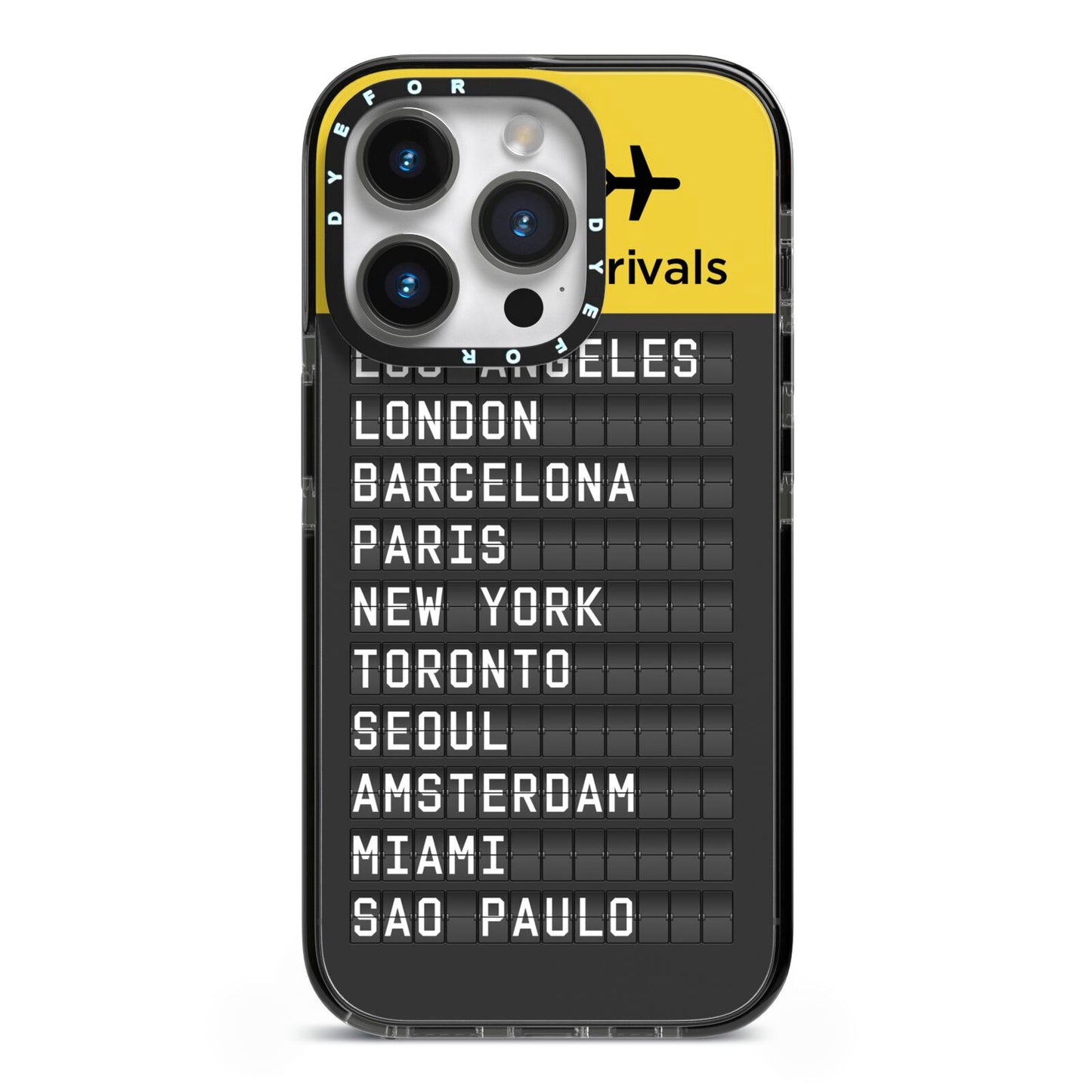 Airport Arrivals Board iPhone 14 Pro Black Impact Case on Silver phone