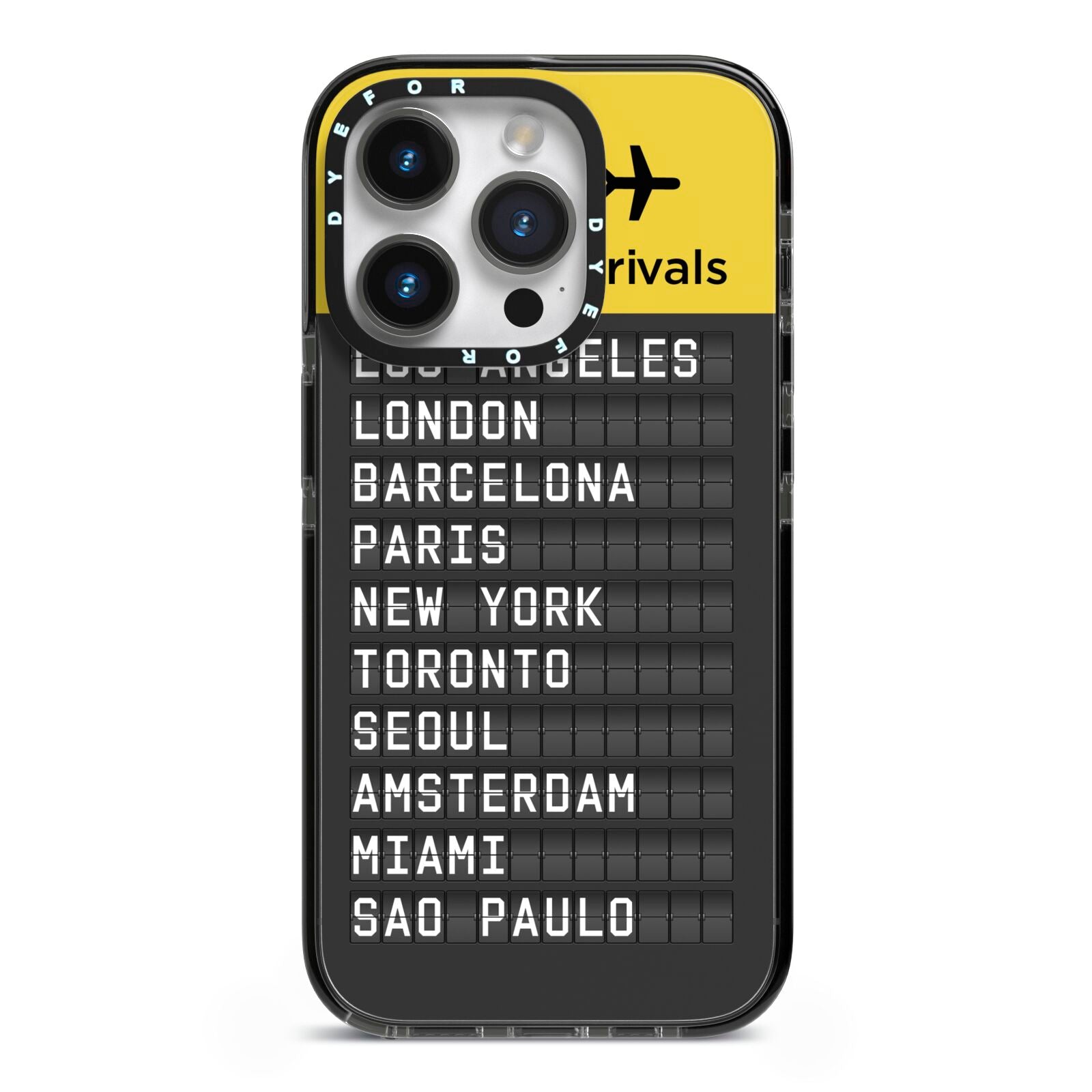 Airport Arrivals Board iPhone 14 Pro Black Impact Case on Silver phone
