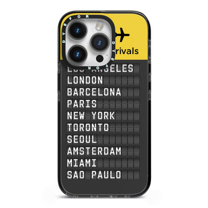 Airport Arrivals Board iPhone 14 Pro Black Impact Case on Silver phone