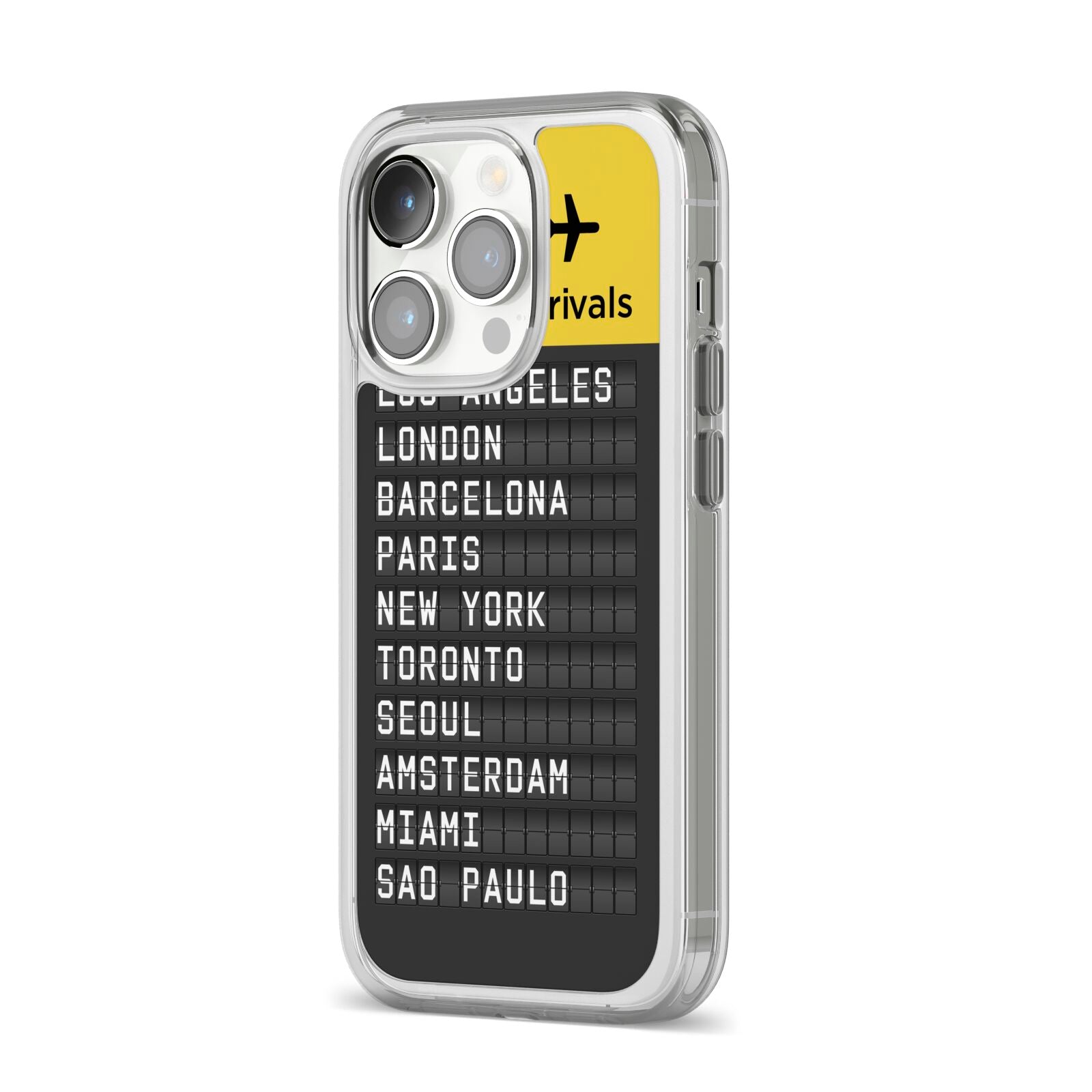 Airport Arrivals Board iPhone 14 Pro Clear Tough Case Silver Angled Image