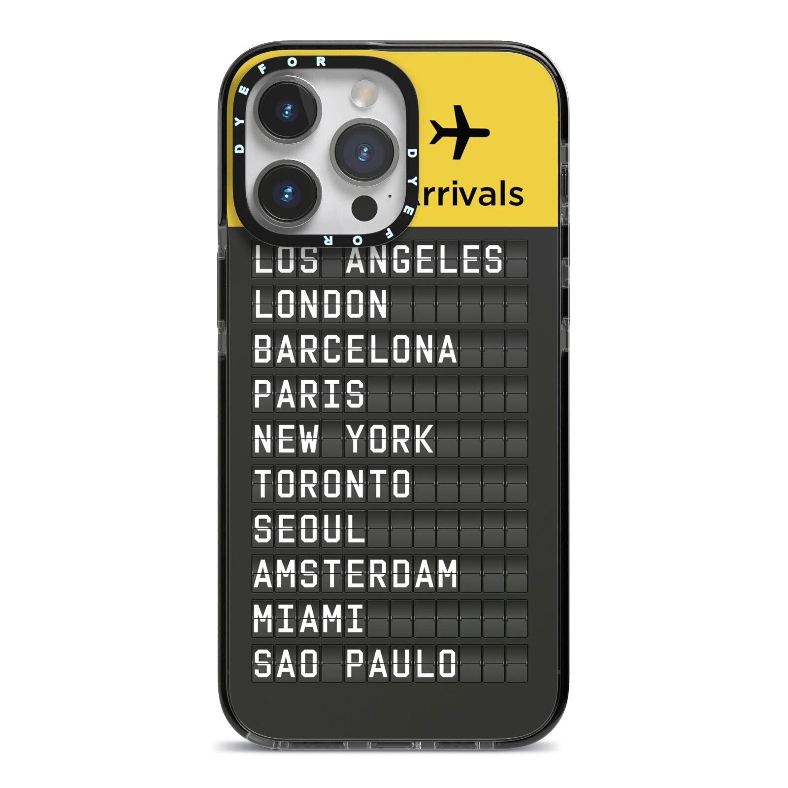 Airport Arrivals Board iPhone 14 Pro Max Black Impact Case on Silver phone