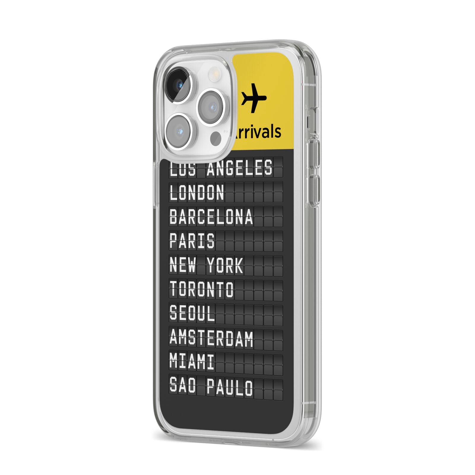 Airport Arrivals Board iPhone 14 Pro Max Clear Tough Case Silver Angled Image