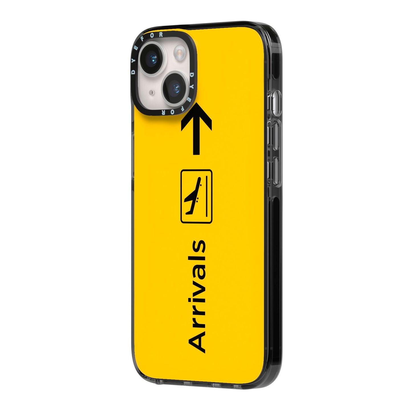 Airport Arrivals iPhone 14 Black Impact Case Side Angle on Silver phone