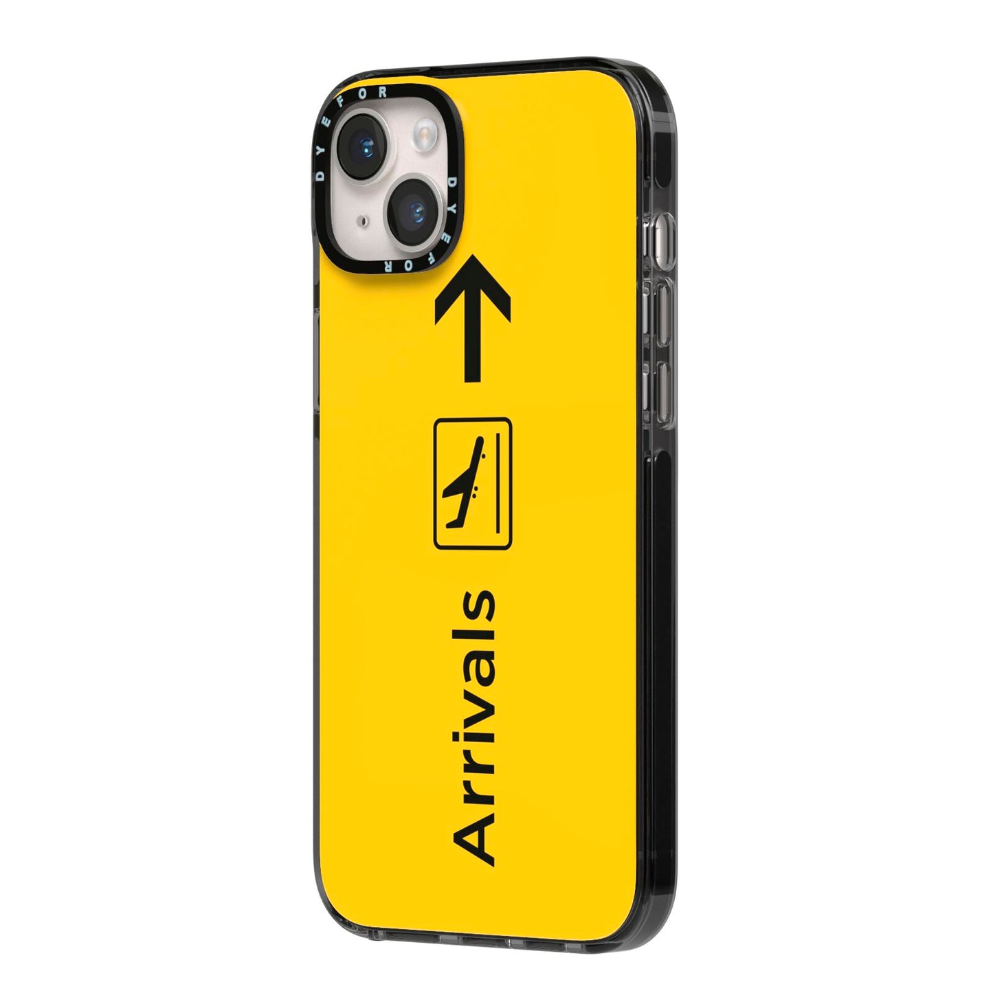 Airport Arrivals iPhone 14 Plus Black Impact Case Side Angle on Silver phone