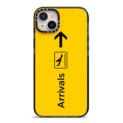 Airport Arrivals iPhone 14 Plus Black Impact Case on Silver phone