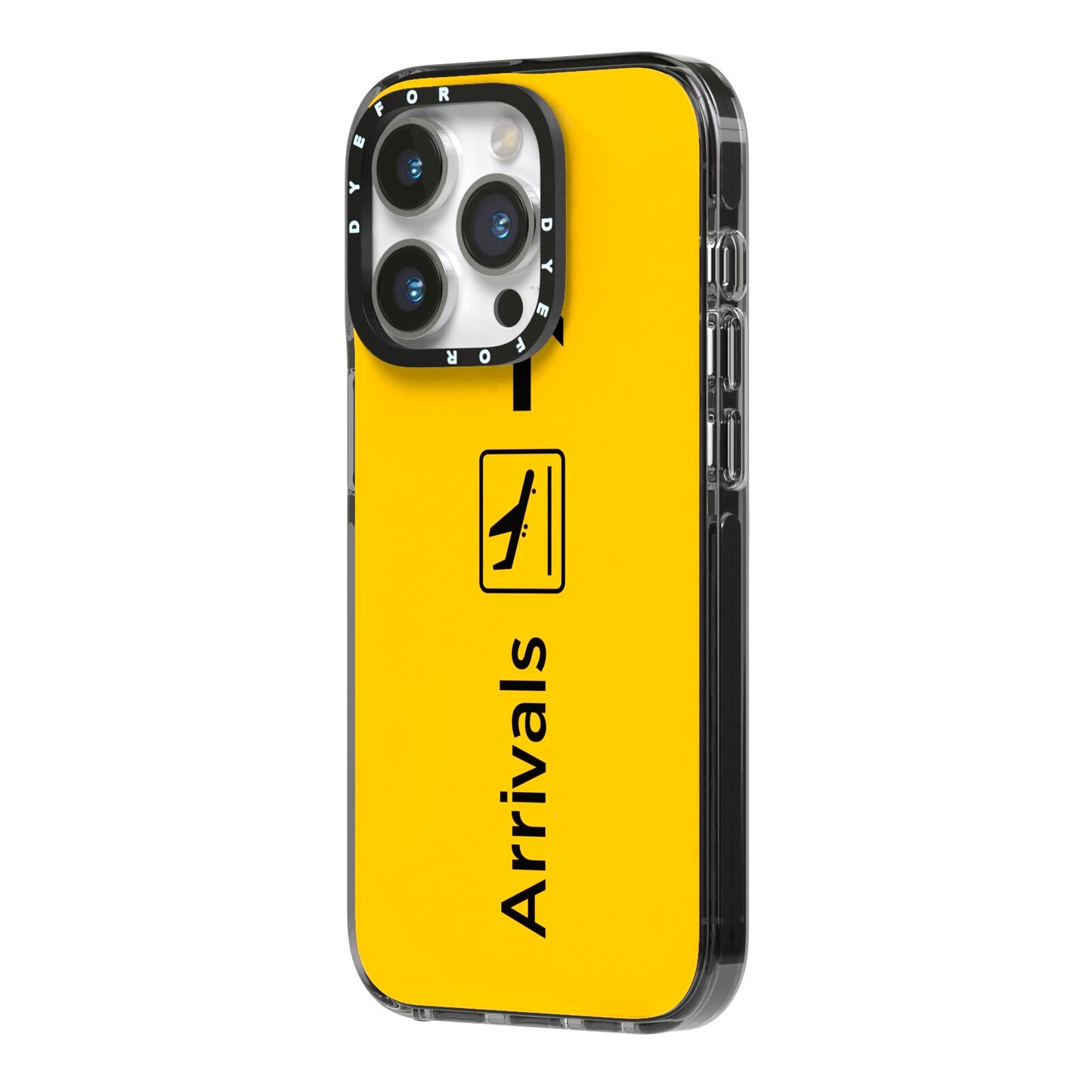 Airport Arrivals iPhone 14 Pro Black Impact Case Side Angle on Silver phone