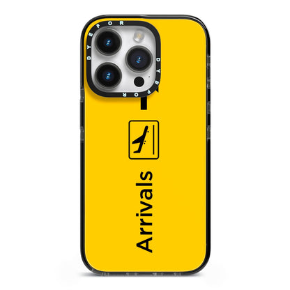 Airport Arrivals iPhone 14 Pro Black Impact Case on Silver phone