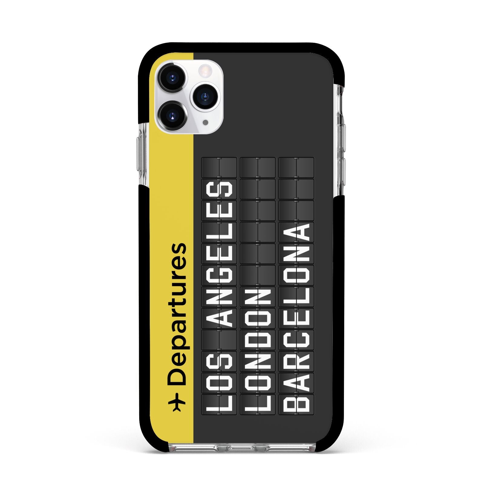 Airport Departures Board Apple iPhone 11 Pro Max in Silver with Black Impact Case