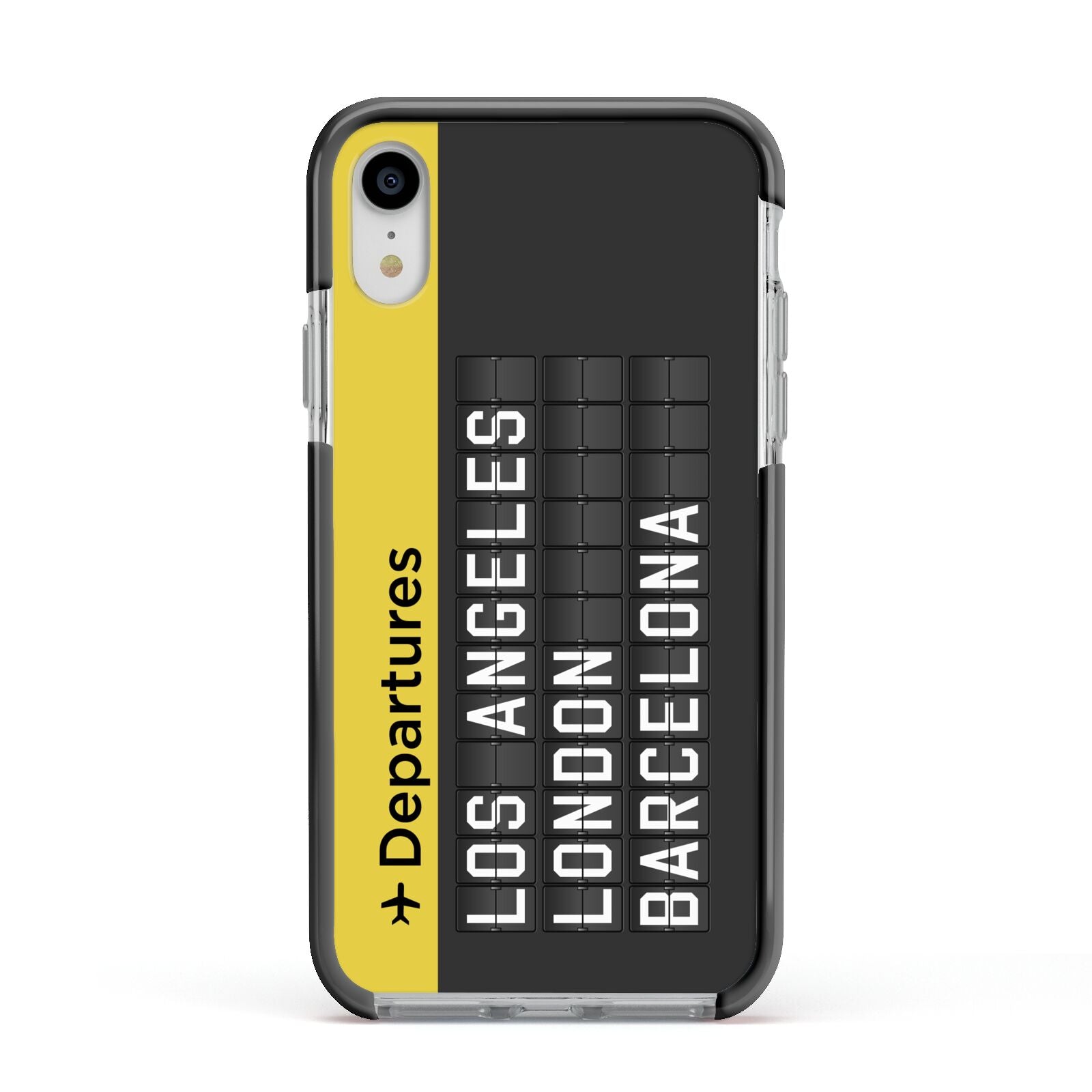 Airport Departures Board Apple iPhone XR Impact Case Black Edge on Silver Phone