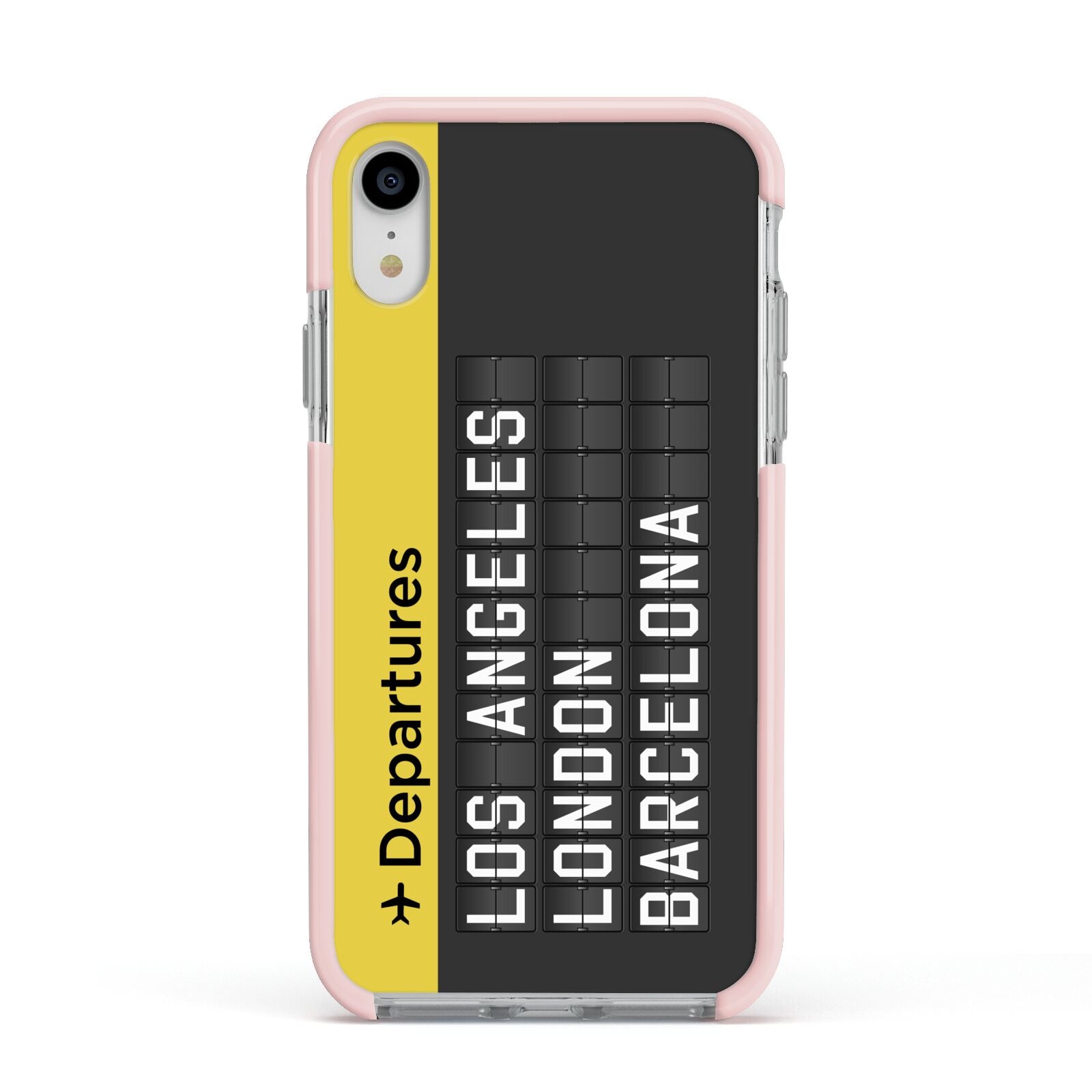 Airport Departures Board Apple iPhone XR Impact Case Pink Edge on Silver Phone