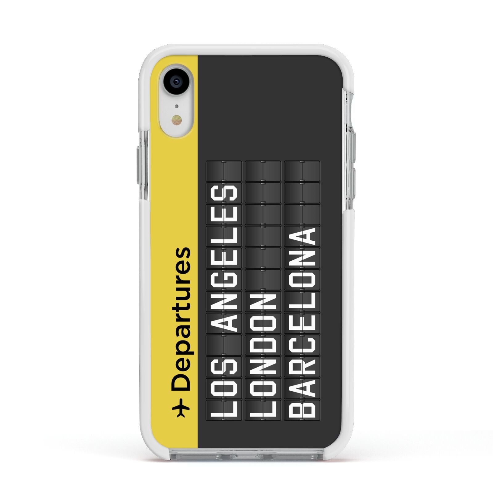 Airport Departures Board Apple iPhone XR Impact Case White Edge on Silver Phone