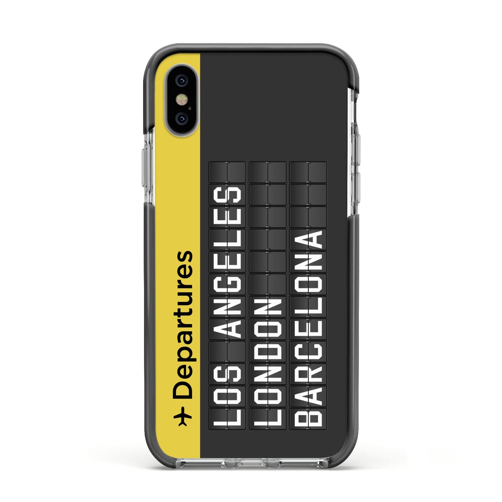 Airport Departures Board Apple iPhone Xs Impact Case Black Edge on Silver Phone