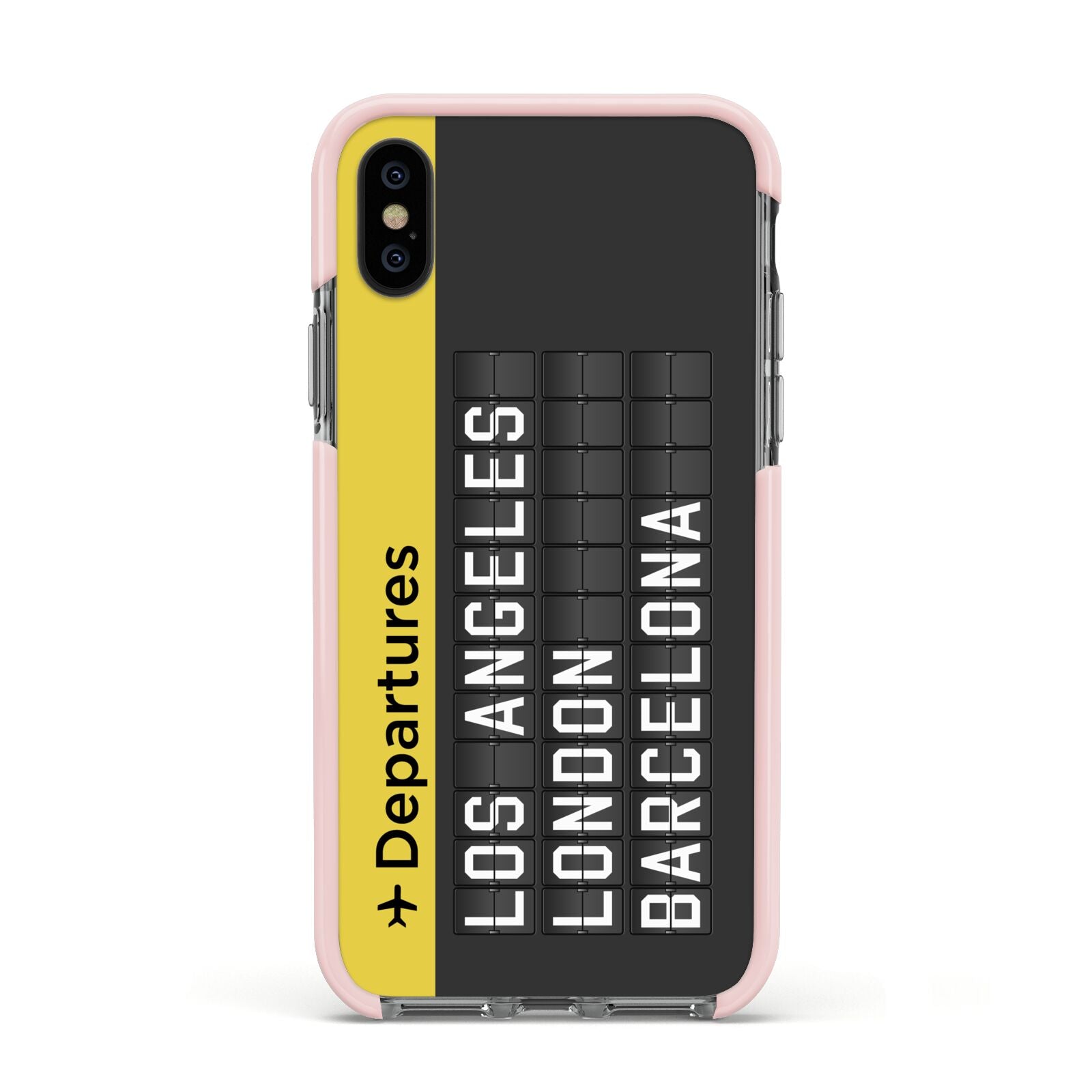 Airport Departures Board Apple iPhone Xs Impact Case Pink Edge on Black Phone