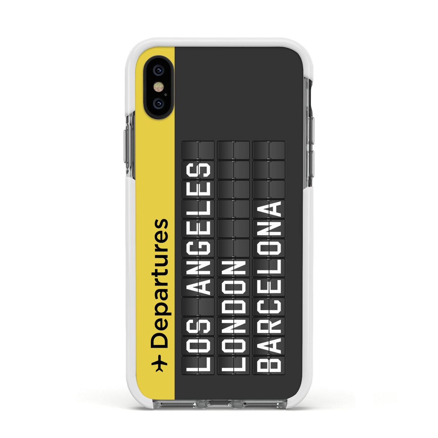 Airport Departures Board Apple iPhone Xs Impact Case White Edge on Black Phone