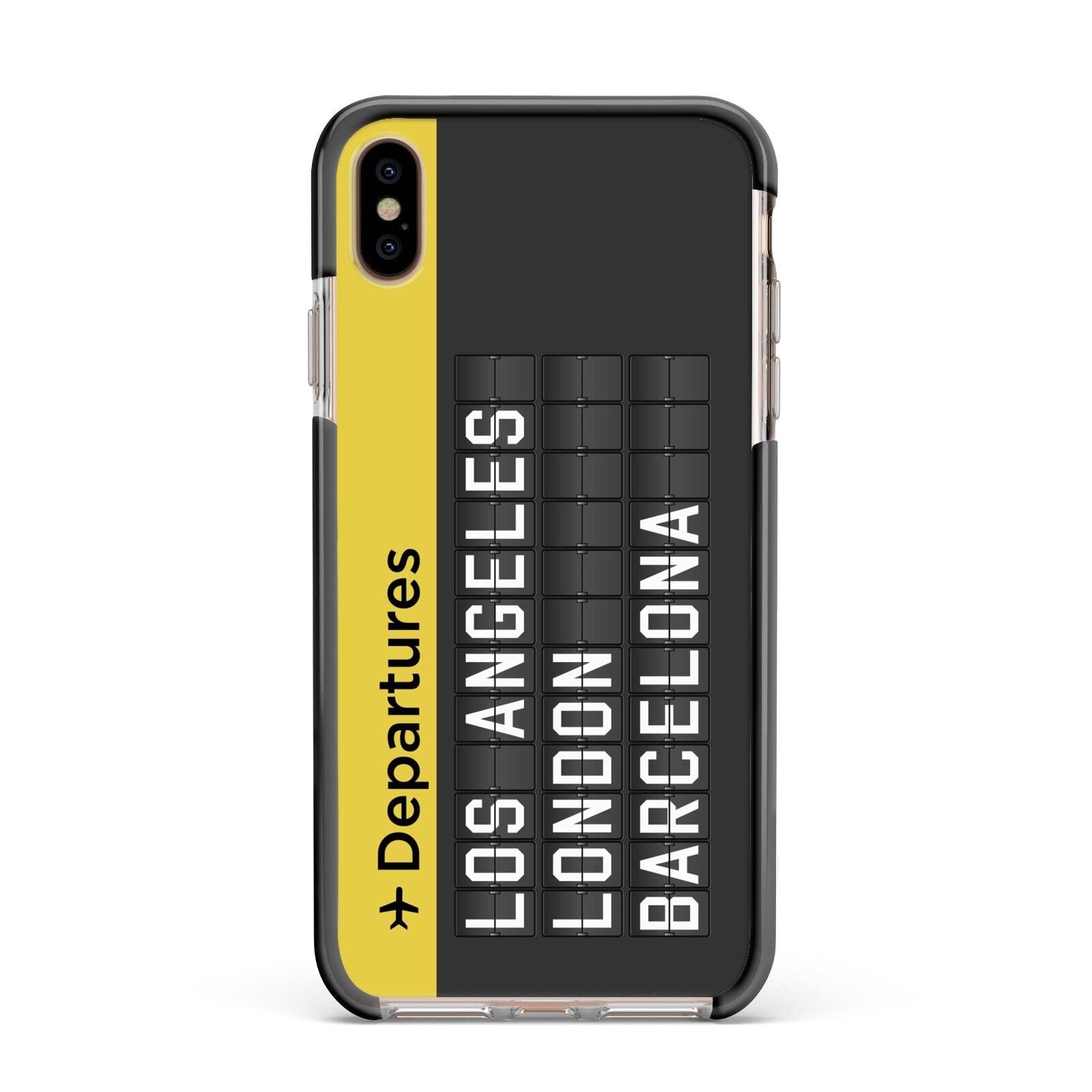 Airport Departures Board Apple iPhone Xs Max Impact Case Black Edge on Gold Phone