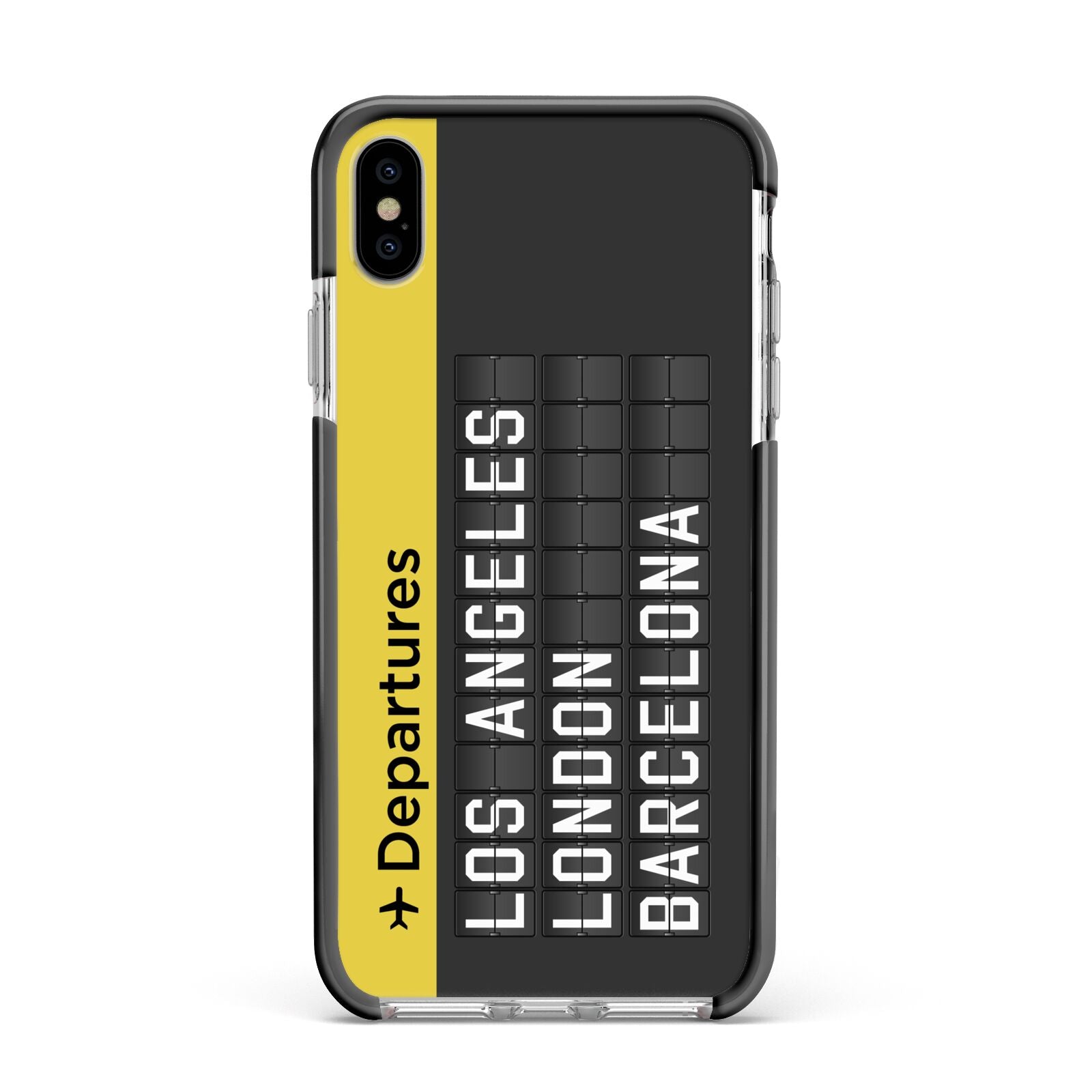 Airport Departures Board Apple iPhone Xs Max Impact Case Black Edge on Silver Phone