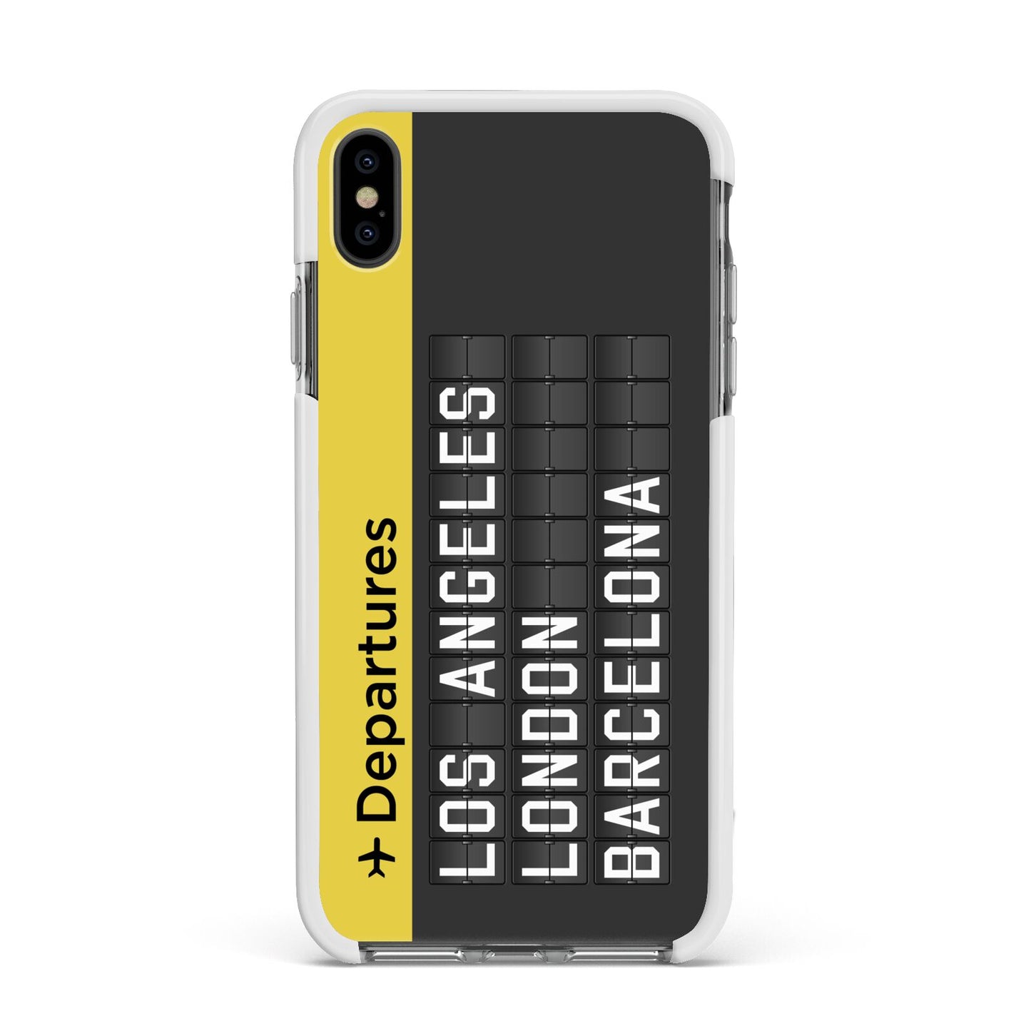 Airport Departures Board Apple iPhone Xs Max Impact Case White Edge on Black Phone