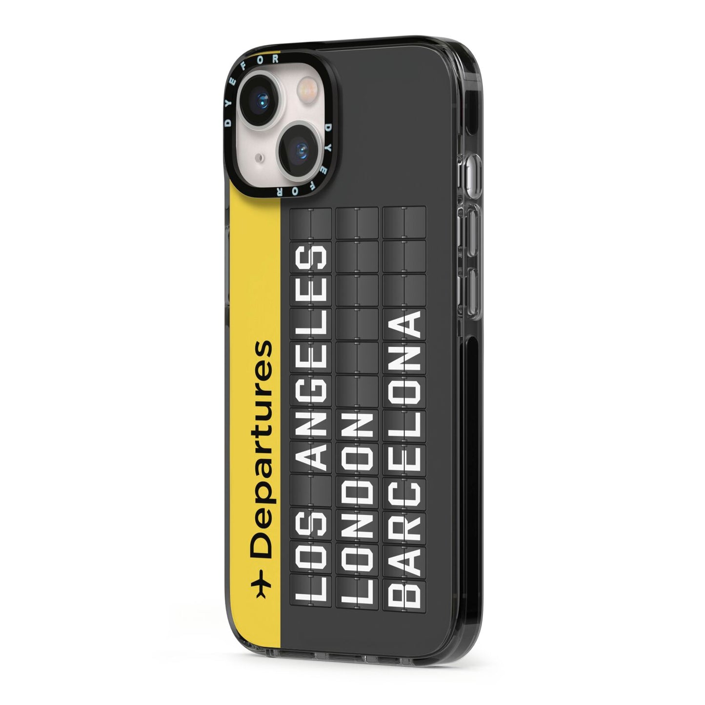 Airport Departures Board iPhone 13 Black Impact Case Side Angle on Silver phone