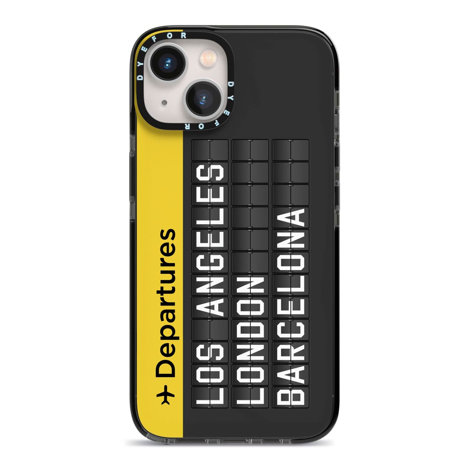 Airport Departures Board iPhone 13 Black Impact Case on Silver phone