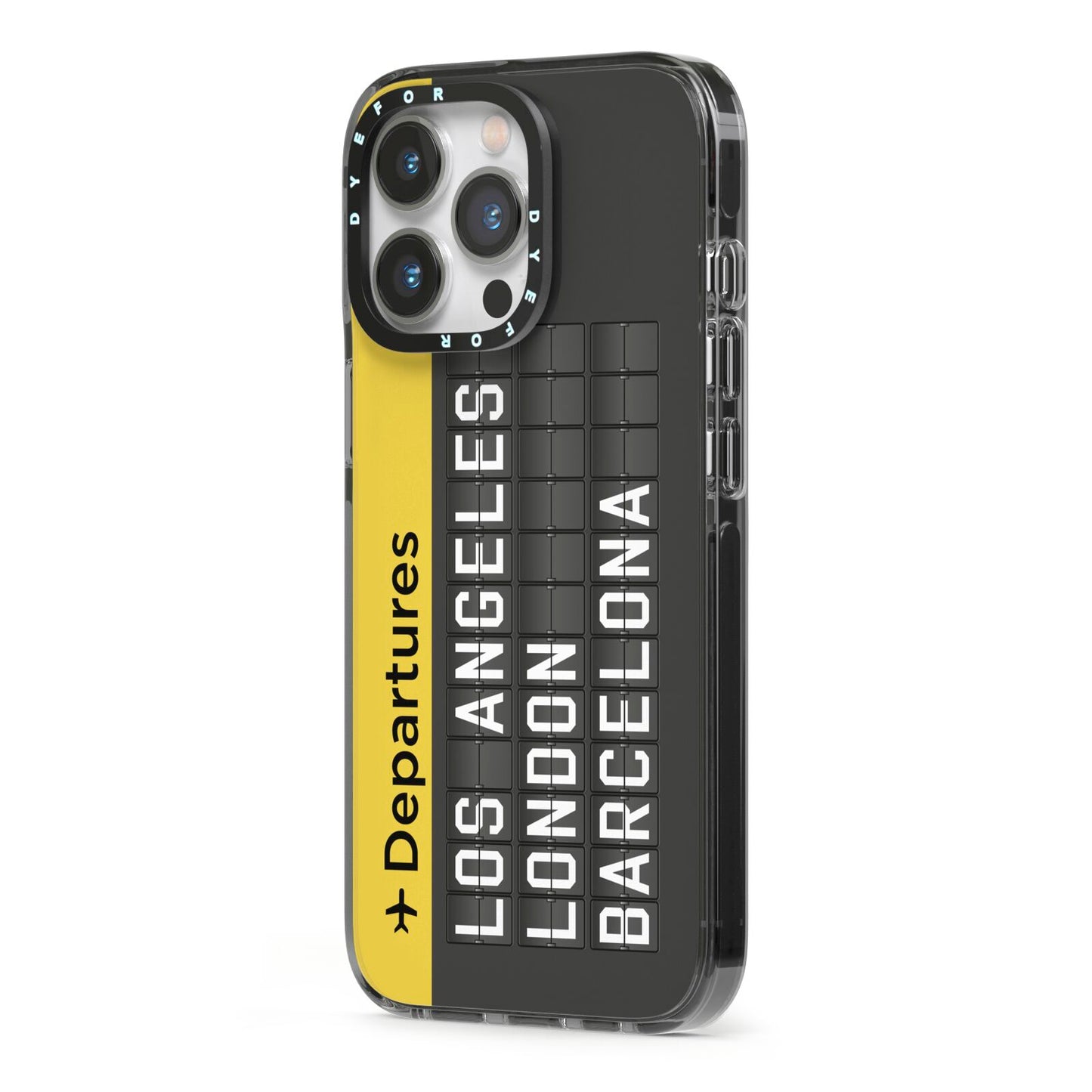 Airport Departures Board iPhone 13 Pro Black Impact Case Side Angle on Silver phone