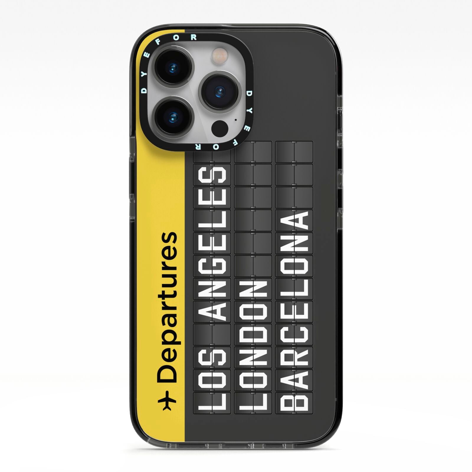 Airport Departures Board iPhone 13 Pro Black Impact Case on Silver phone