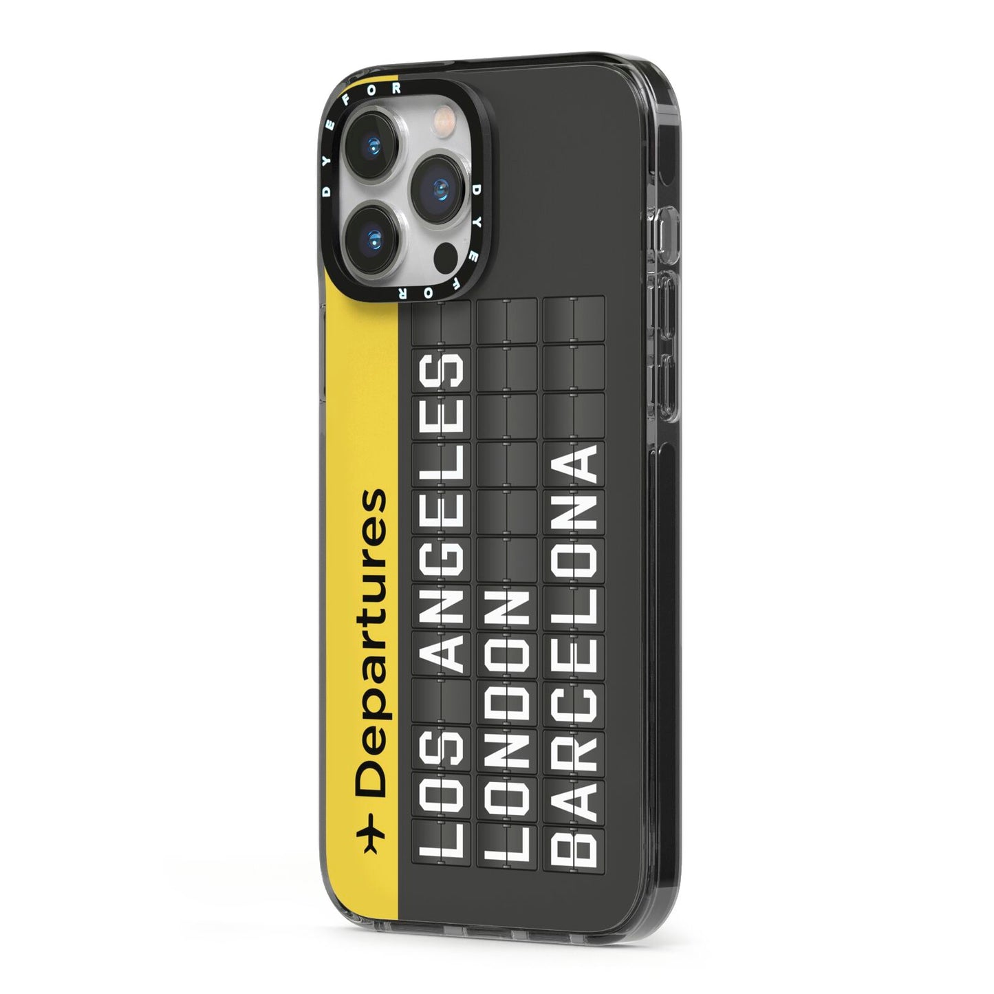 Airport Departures Board iPhone 13 Pro Max Black Impact Case Side Angle on Silver phone