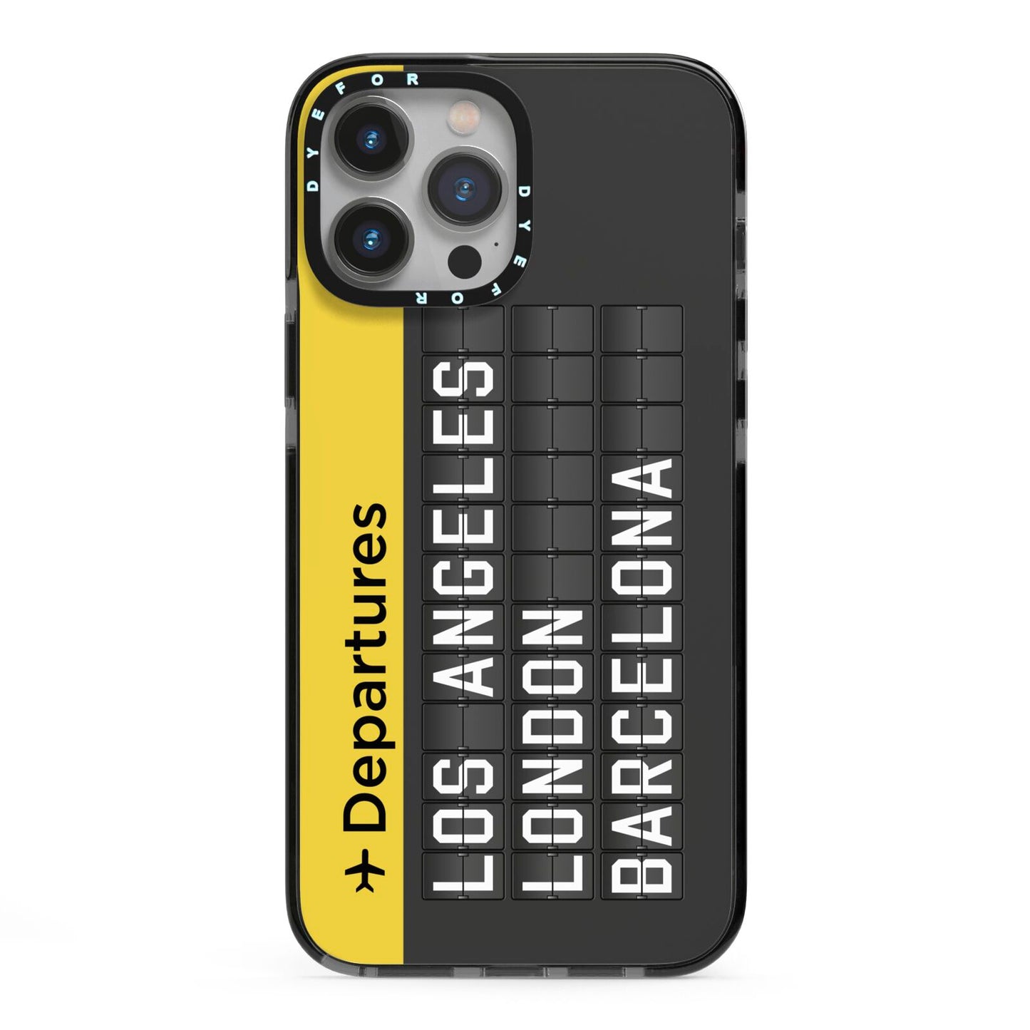 Airport Departures Board iPhone 13 Pro Max Black Impact Case on Silver phone
