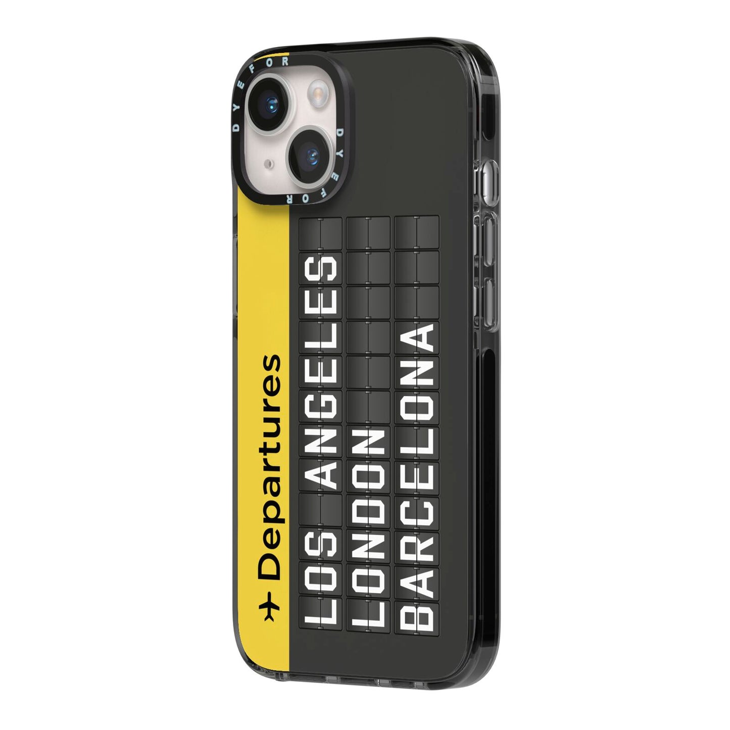 Airport Departures Board iPhone 14 Black Impact Case Side Angle on Silver phone