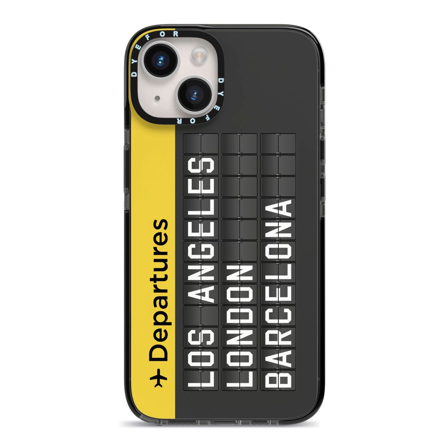 Airport Departures Board iPhone 14 Black Impact Case on Silver phone