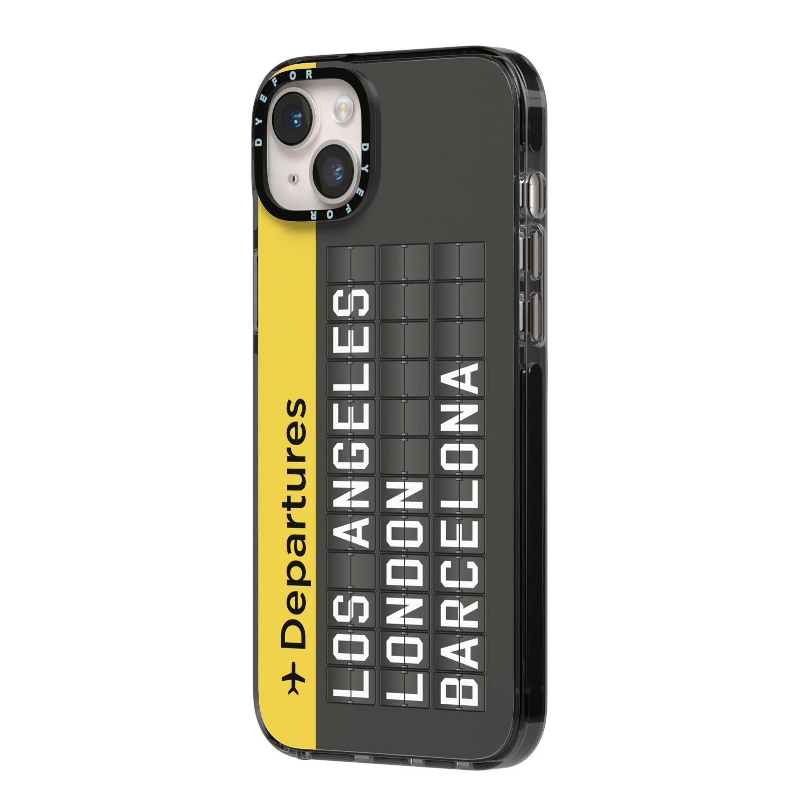 Airport Departures Board iPhone 14 Plus Black Impact Case Side Angle on Silver phone