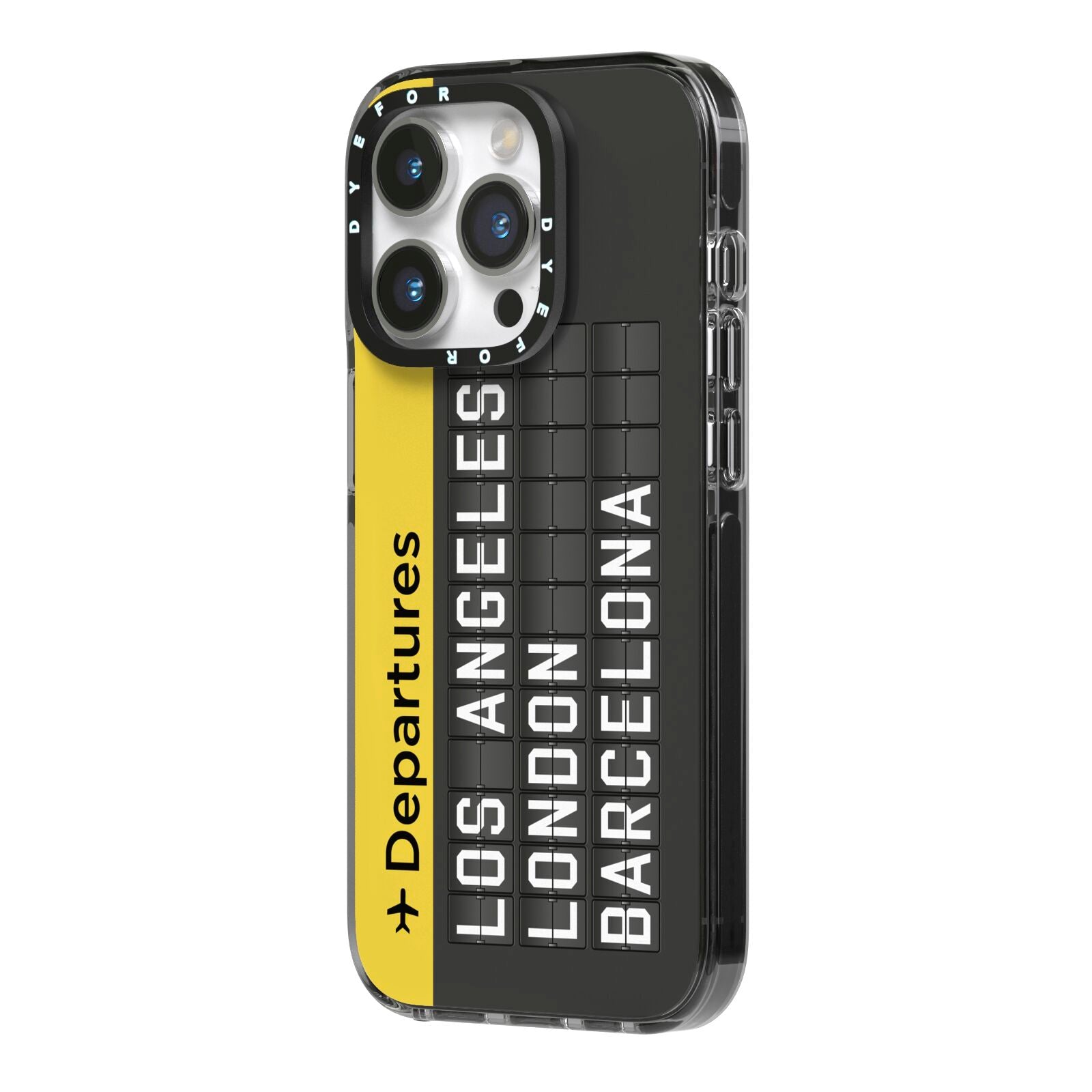 Airport Departures Board iPhone 14 Pro Black Impact Case Side Angle on Silver phone