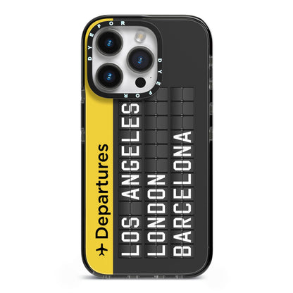 Airport Departures Board iPhone 14 Pro Black Impact Case on Silver phone