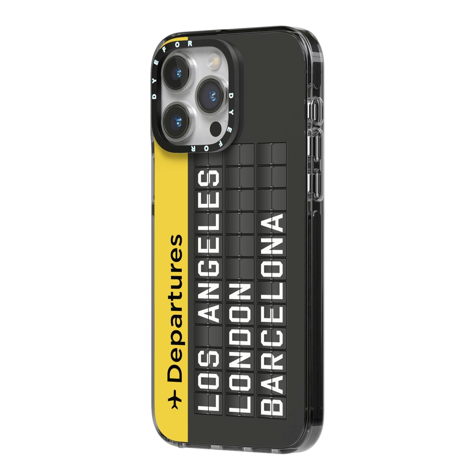 Airport Departures Board iPhone 14 Pro Max Black Impact Case Side Angle on Silver phone