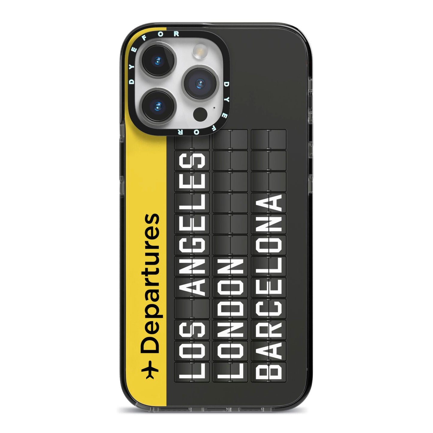 Airport Departures Board iPhone 14 Pro Max Black Impact Case on Silver phone