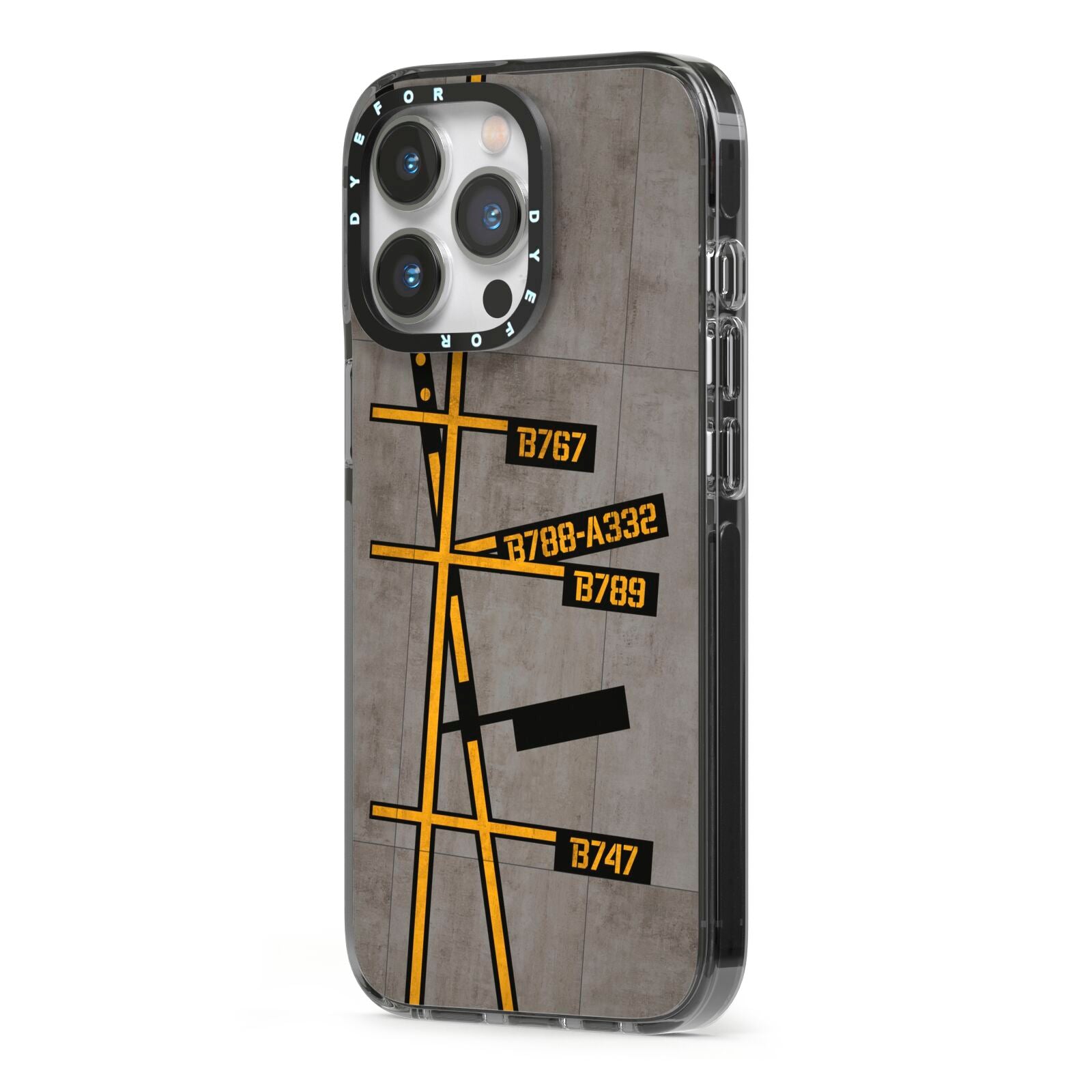 Airport Parking Markings iPhone 13 Pro Black Impact Case Side Angle on Silver phone