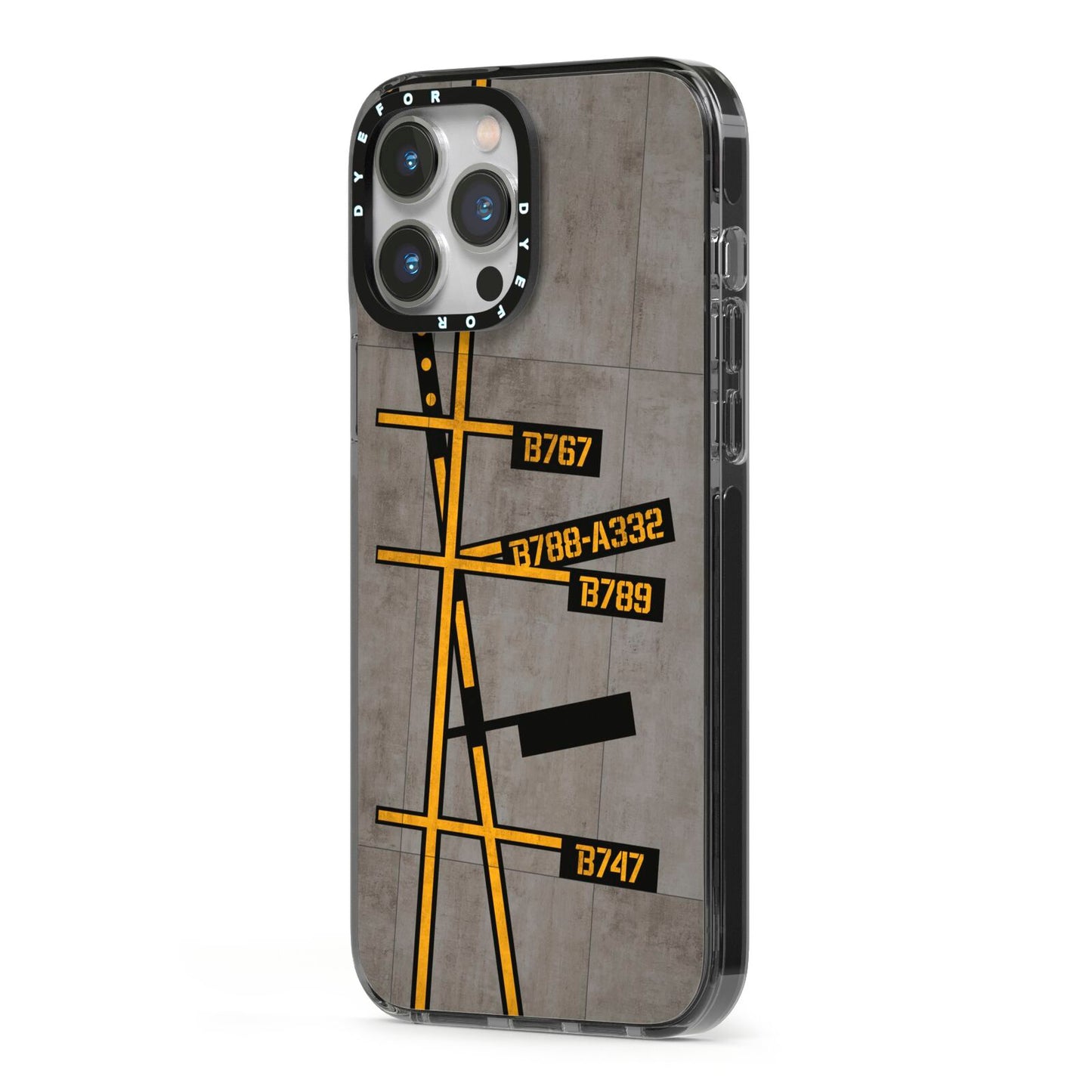 Airport Parking Markings iPhone 13 Pro Max Black Impact Case Side Angle on Silver phone