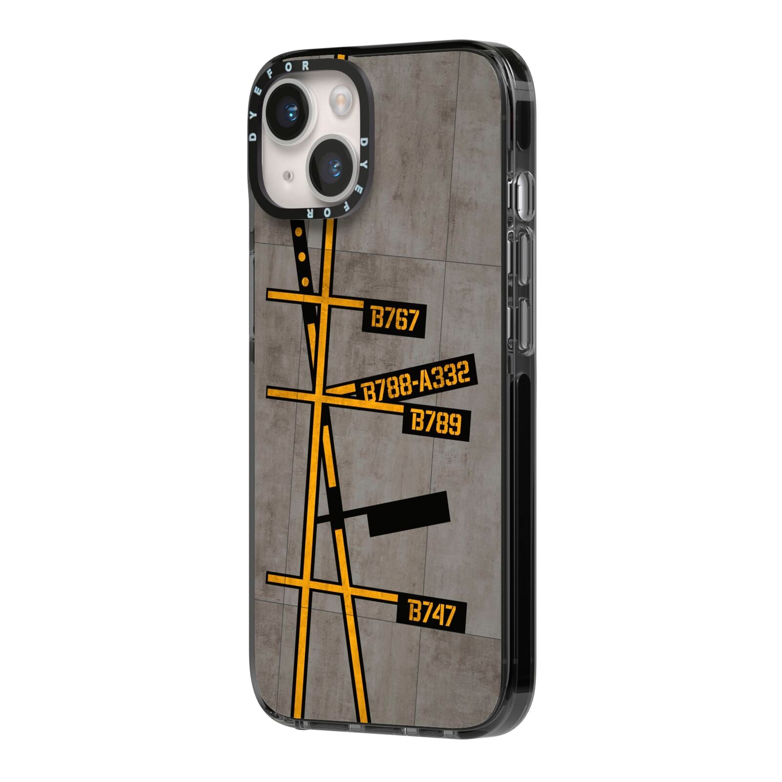 Airport Parking Markings iPhone 14 Black Impact Case Side Angle on Silver phone