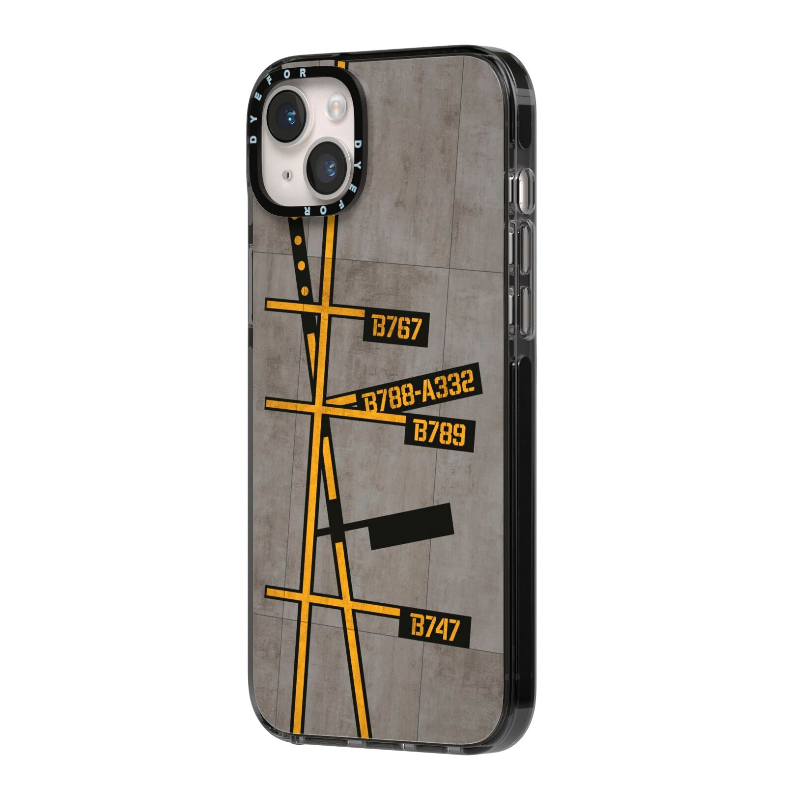 Airport Parking Markings iPhone 14 Plus Black Impact Case Side Angle on Silver phone