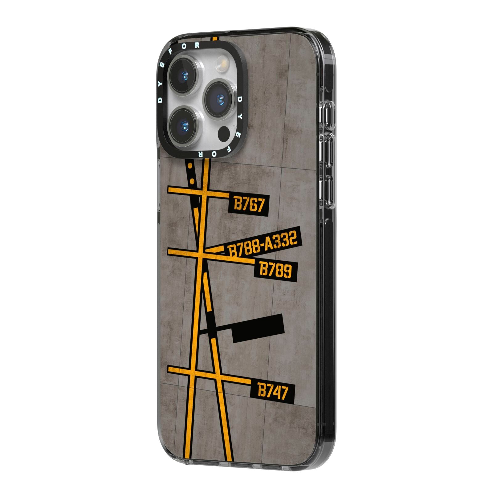 Airport Parking Markings iPhone 14 Pro Max Black Impact Case Side Angle on Silver phone