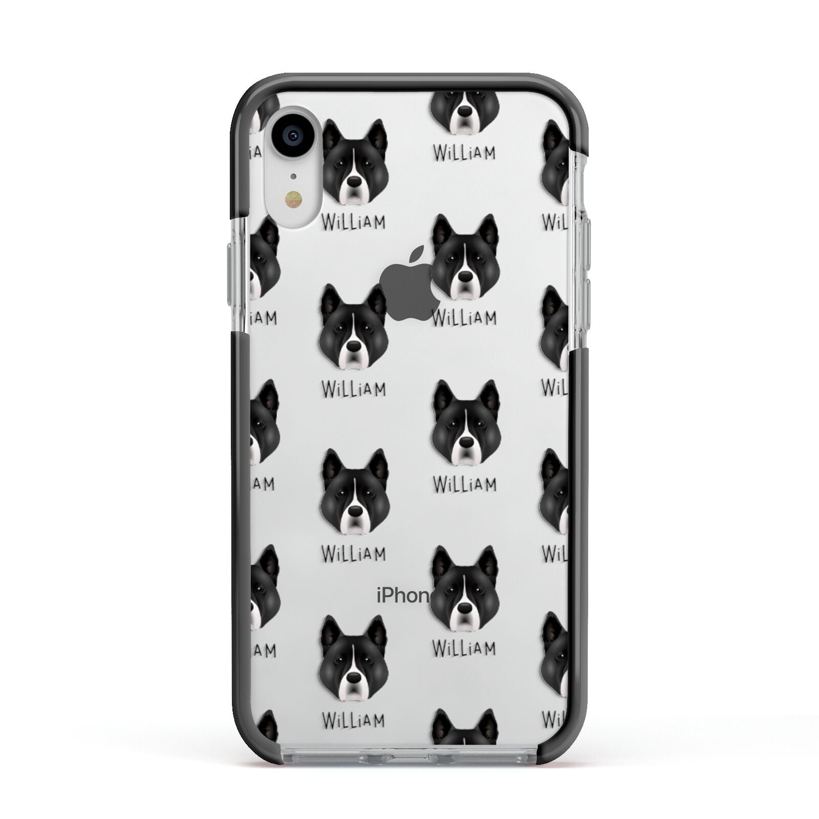 Akita Icon with Name Apple iPhone XR Impact Case Black Edge on Silver Phone